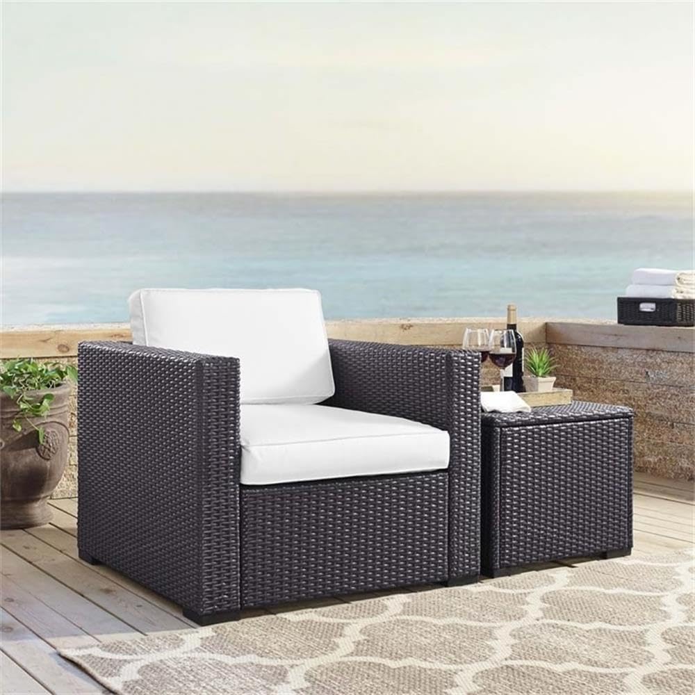White/Brown Wicker Rattan Fabric Patio Arm Chair - Outdoor Garden, Poolside, or Balcony Relaxation Furniture
