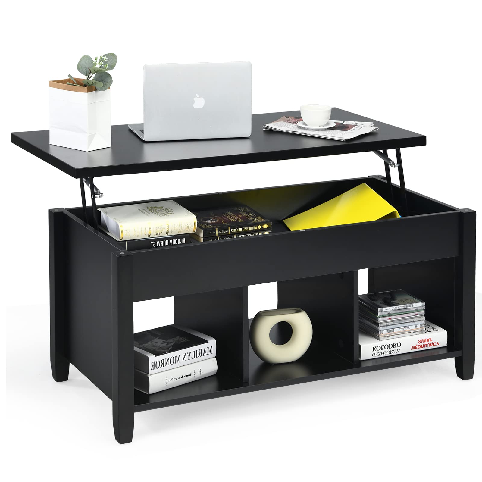 KOTEK Lift Top Coffee Table with Hidden Storage & Open Shelves - Modern Living Room Lift-Top Table with Compartment for Living Room, Office, Reception Area (Black) - Perfect for Small Space Organization & Stylish Home Decor