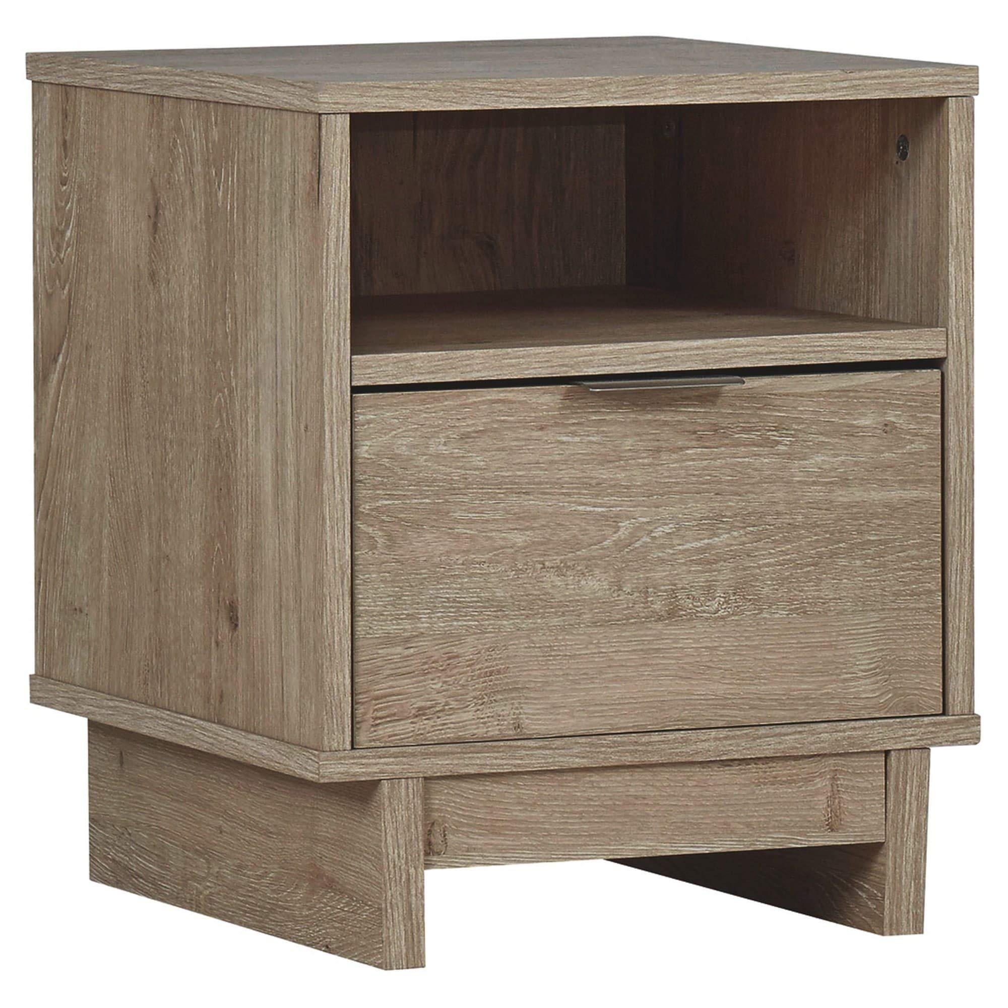 Modern Brown Wooden Nightstand with Single Drawer & Open Shelf - Contemporary Laminate Wood Design for Bedroom, Living Room, or Office