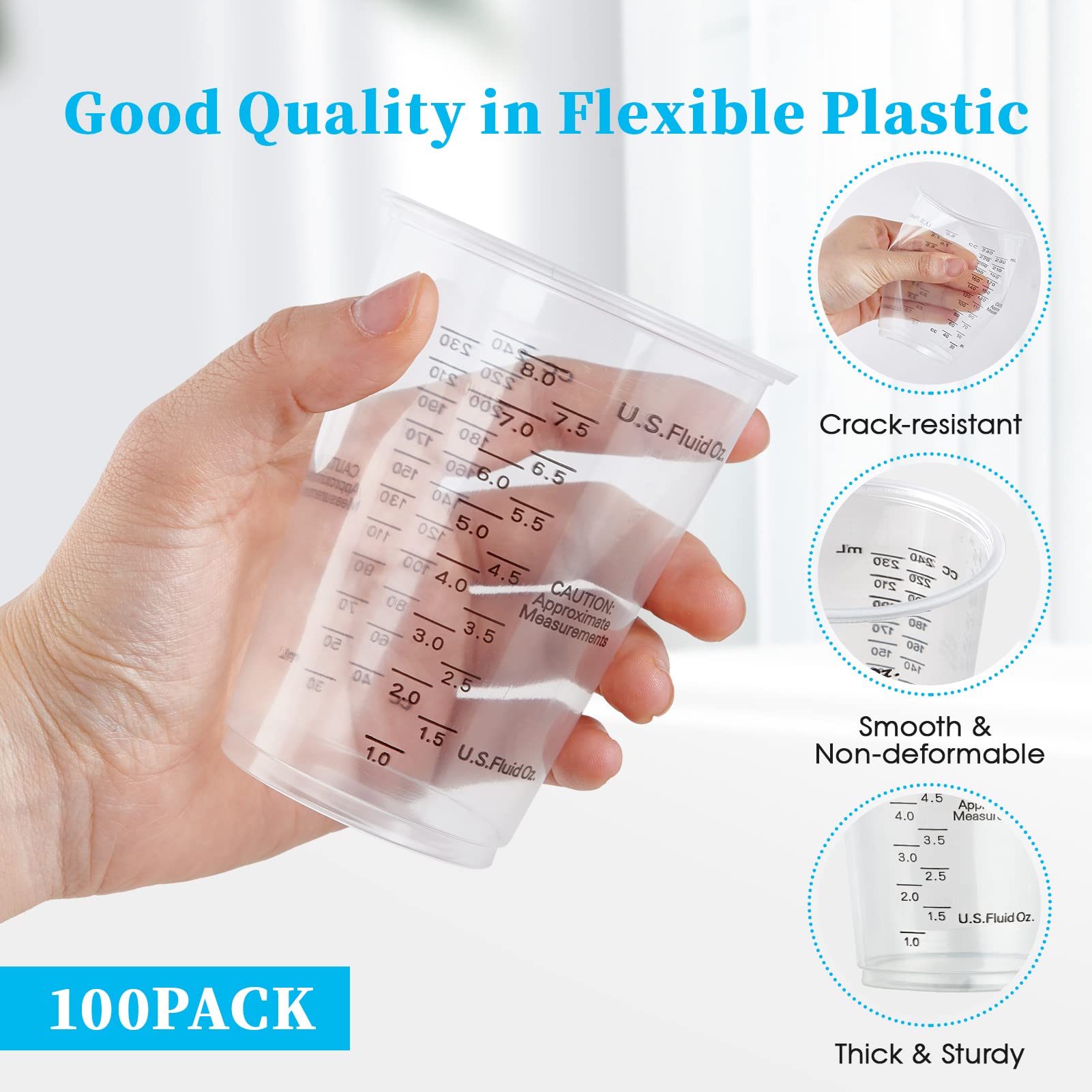 100 Pack 8 oz Plastic Measuring Cups with Wooden Sticks - Disposable Mixing Cups for Epoxy Resin, Paint, Cooking & Baking - Perfect for DIY Crafts, Liquid Measurement & Kitchen Use