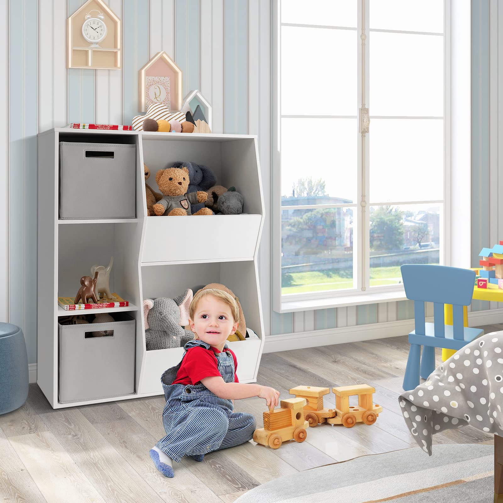 Costzon 5-Cubby Wooden Toy Storage Organizer with Bookcase & Bins - Kids Bookshelf & Toy Cabinet for Toddlers - Playroom, Nursery, Daycare & Living Room Storage Solution (White & Gray) - Perfect for Organizing Toys, Books & Kids' Essentials
