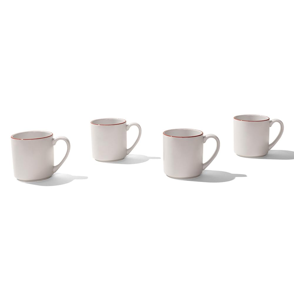 Premium Porcelain Coffee Mug Set of 4 - 12 oz White Mugs with Red Rim - Made in England - Dishwasher & Microwave Safe - Perfect for Home, Office or Gift Giving