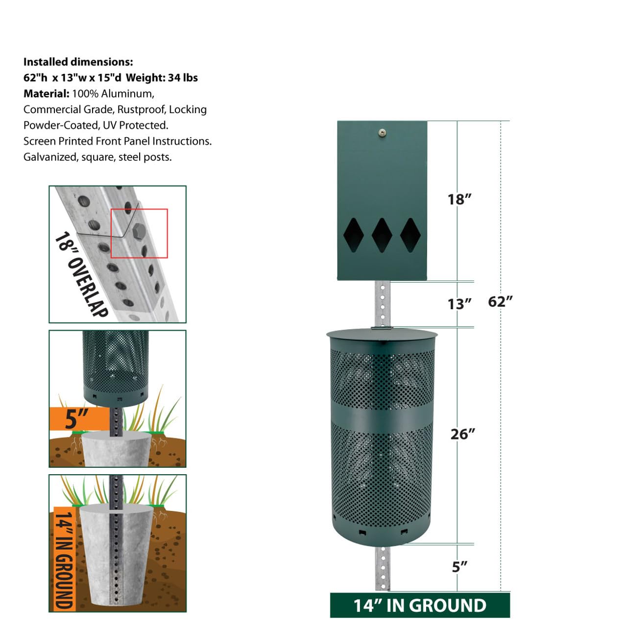 5' Tall Rust-Proof Aluminum Low-Profile Dog Waste Station with Roll Bag Dispenser - Includes 400 Waste Bags & 25 Can Liners (Matte Black) - Perfect for Parks, Backyards & Public Spaces