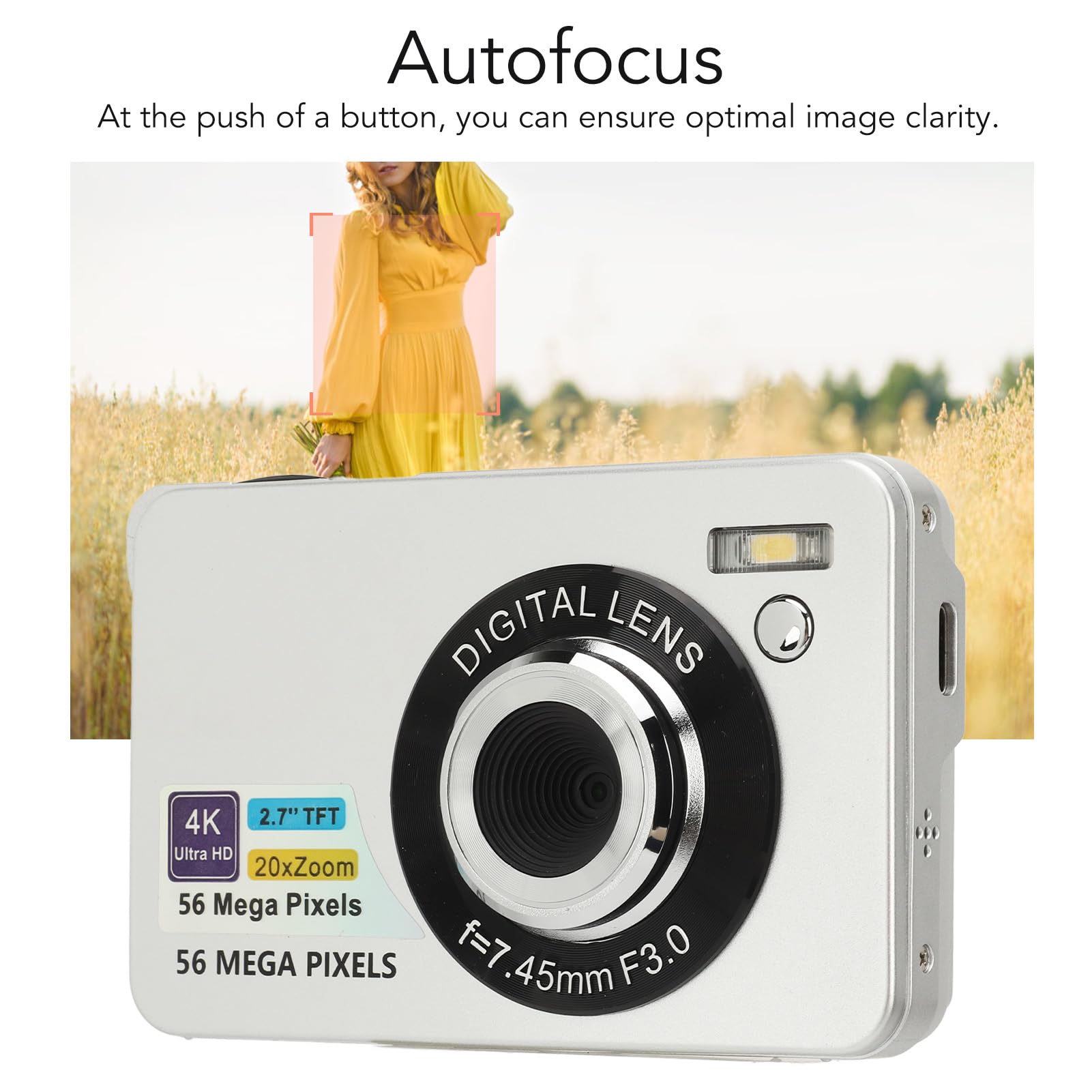 4K 56MP Digital Camera with 20X Zoom & Autofocus - Compact HD Vlogging Camera for Travel, Photography - Perfect for Teens, Boys & Girls (Silver) - Capture Adventures, Family Moments & Social Media Content