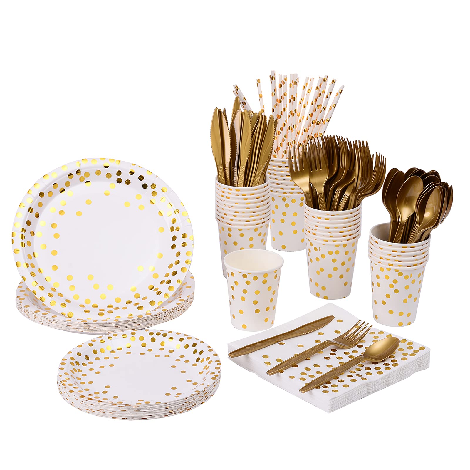 YAOSHENG 201-Piece Gold Dot Party Supplies Set - Disposable Paper Plates, Napkins, Cups & Plastic Silverware for 25 Guests - Elegant Dinnerware for Weddings, Bridal Showers, Baby Showers & Holiday Celebrations | Perfect for Birthday Parties, Anniversary Events & Family Gatherings