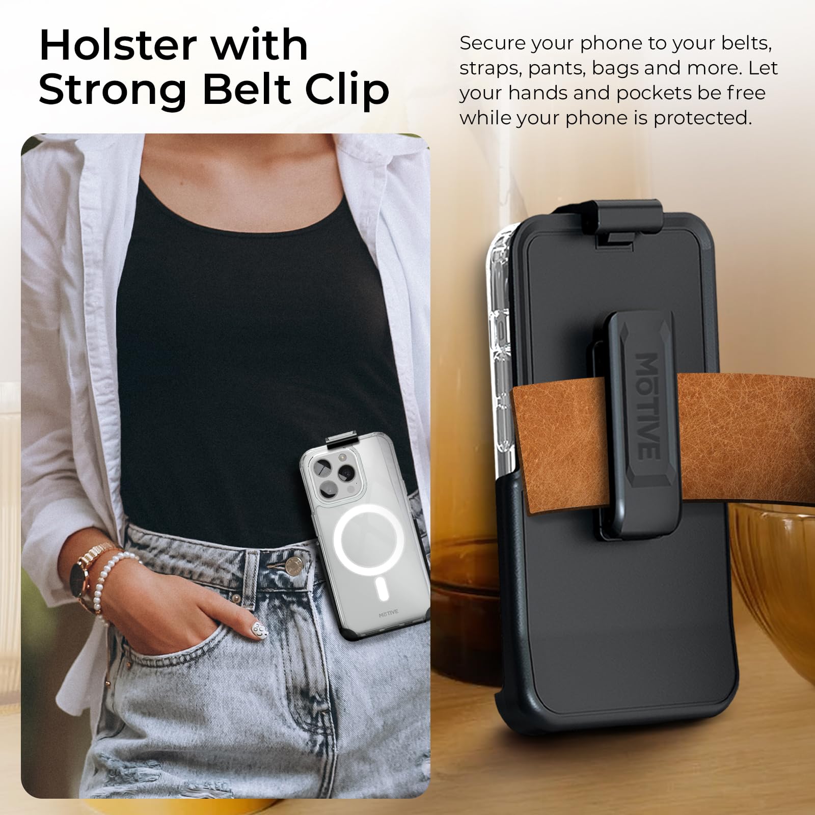 MOTIVE Ultra Strong Magnetic Clear iPhone 15 Pro Max Case with Belt Clip - Magsafe Compatible, Military Grade Drop Protection, Slim Protective Cover for iPhone 15 Pro Max 6.7