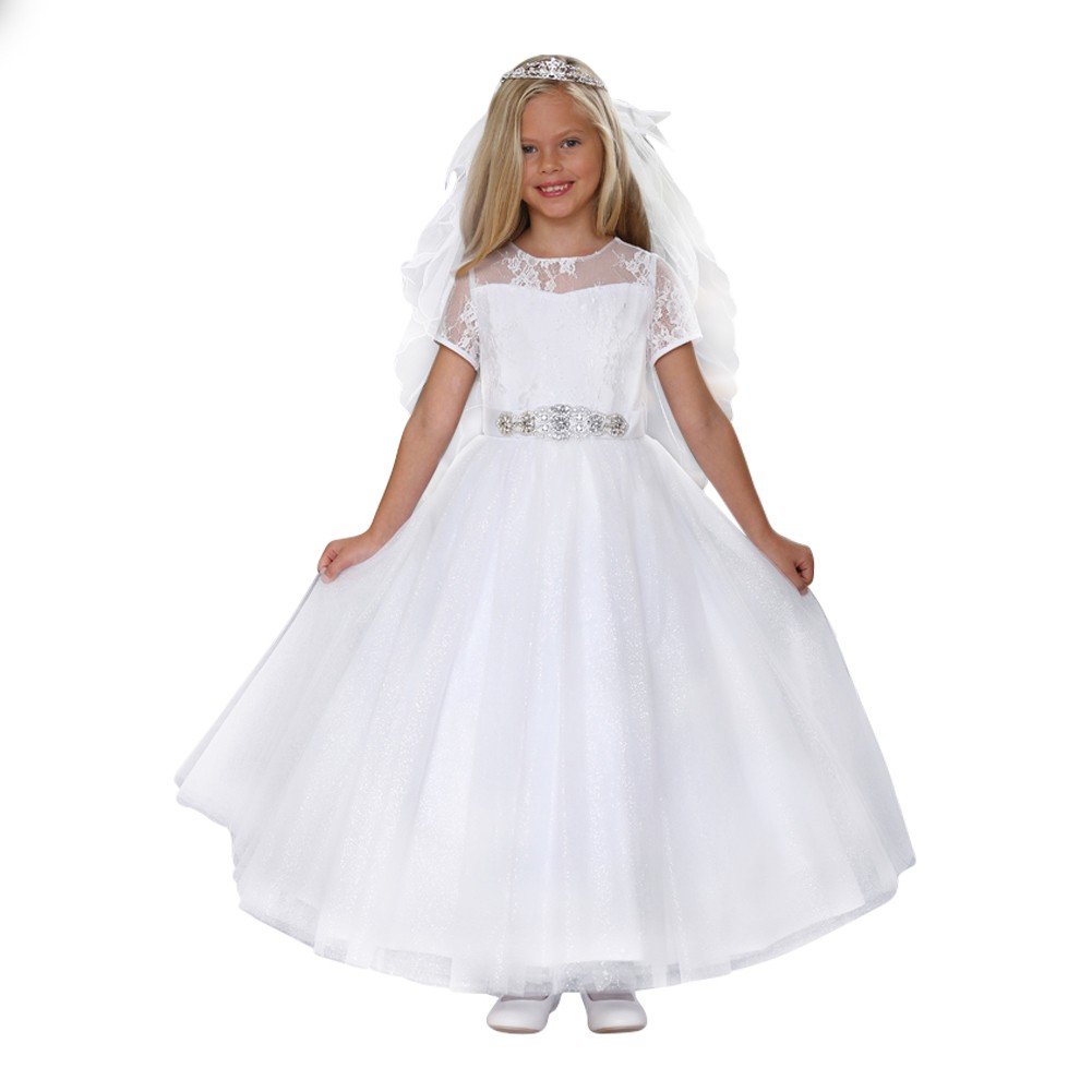 Big Girls White Sparkle Tulle Corset Back Bow First Communion Dress Size 14 - Perfect for Church Ceremonies, Baptisms & Special Occasions
