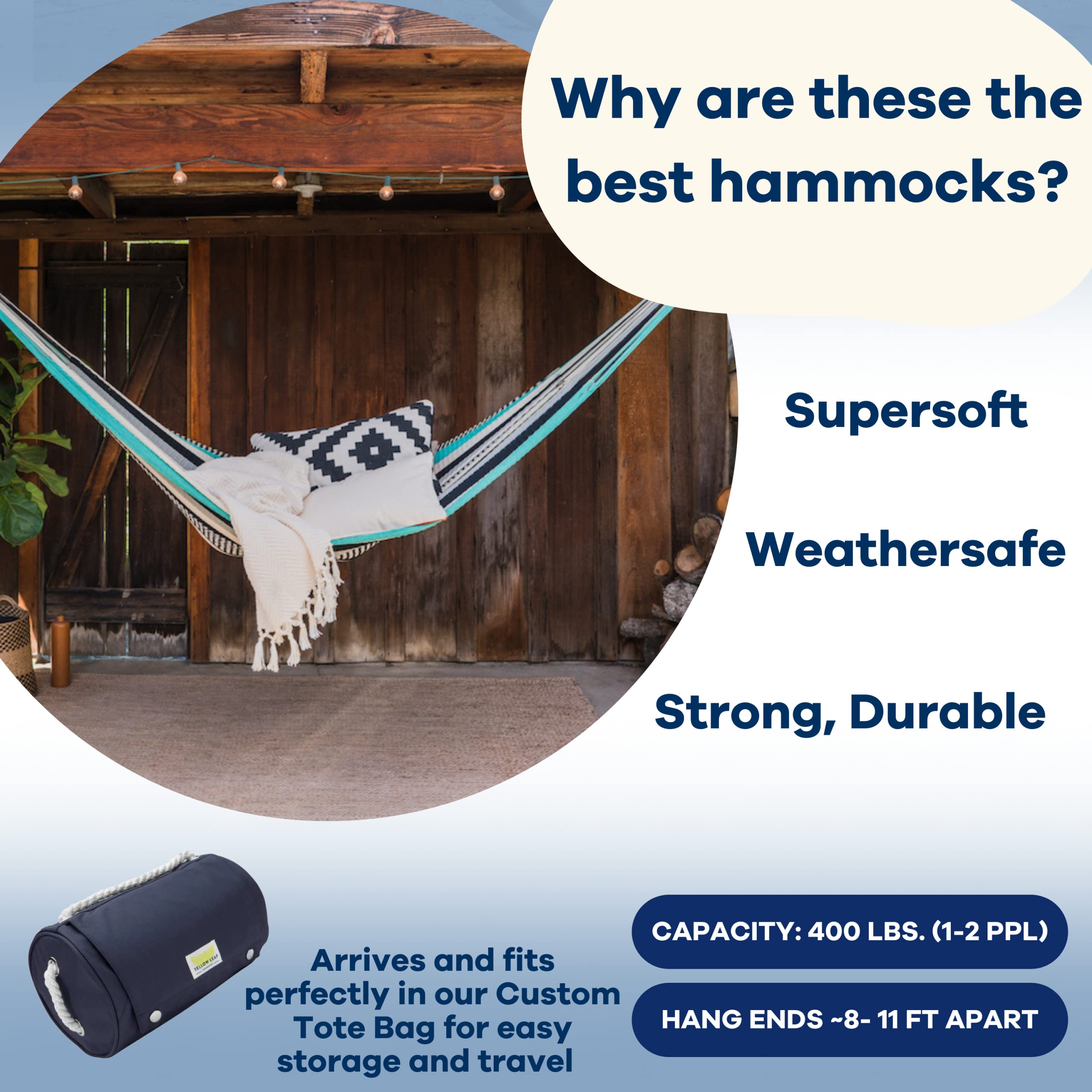 Premium Handwoven Double Hammock by Yellow Leaf - 400lb Capacity, Weatherproof & Ultra Soft for Outdoor Relaxation - Perfect for Backyards, Camping & Beach Use - Turquoise, Black & White Options