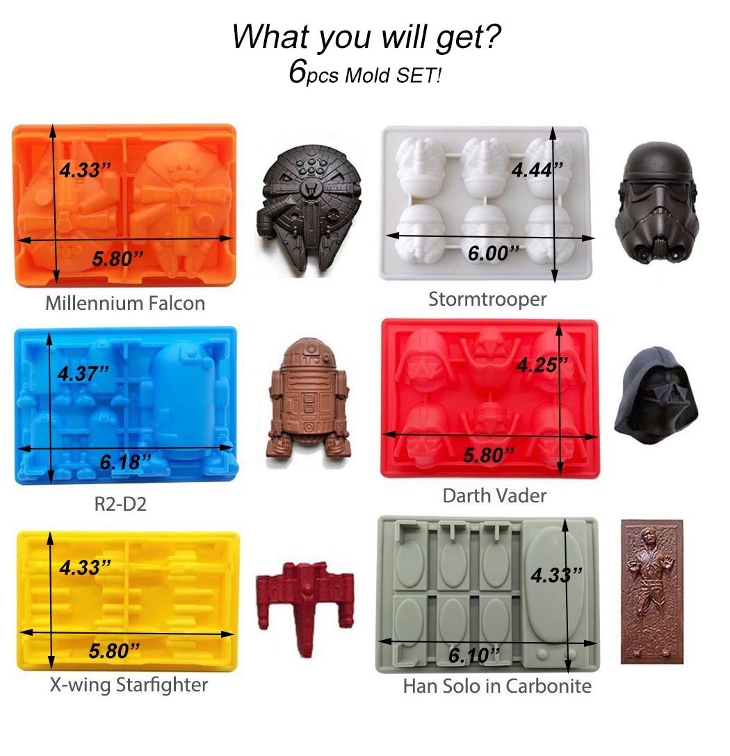 Star Wars Silicone Mold Set of 6 - Flexible Baking Molds for Cake, Chocolate, Candy, Soap & Jello - Perfect for Star Wars Themed Parties, Birthday Decorations & DIY Gifts (6pcs)