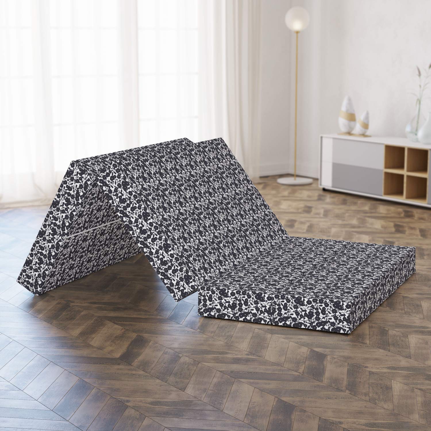 Ambesonne Black and White Foldable Mattress with Gardening Flowers Print, 78.7