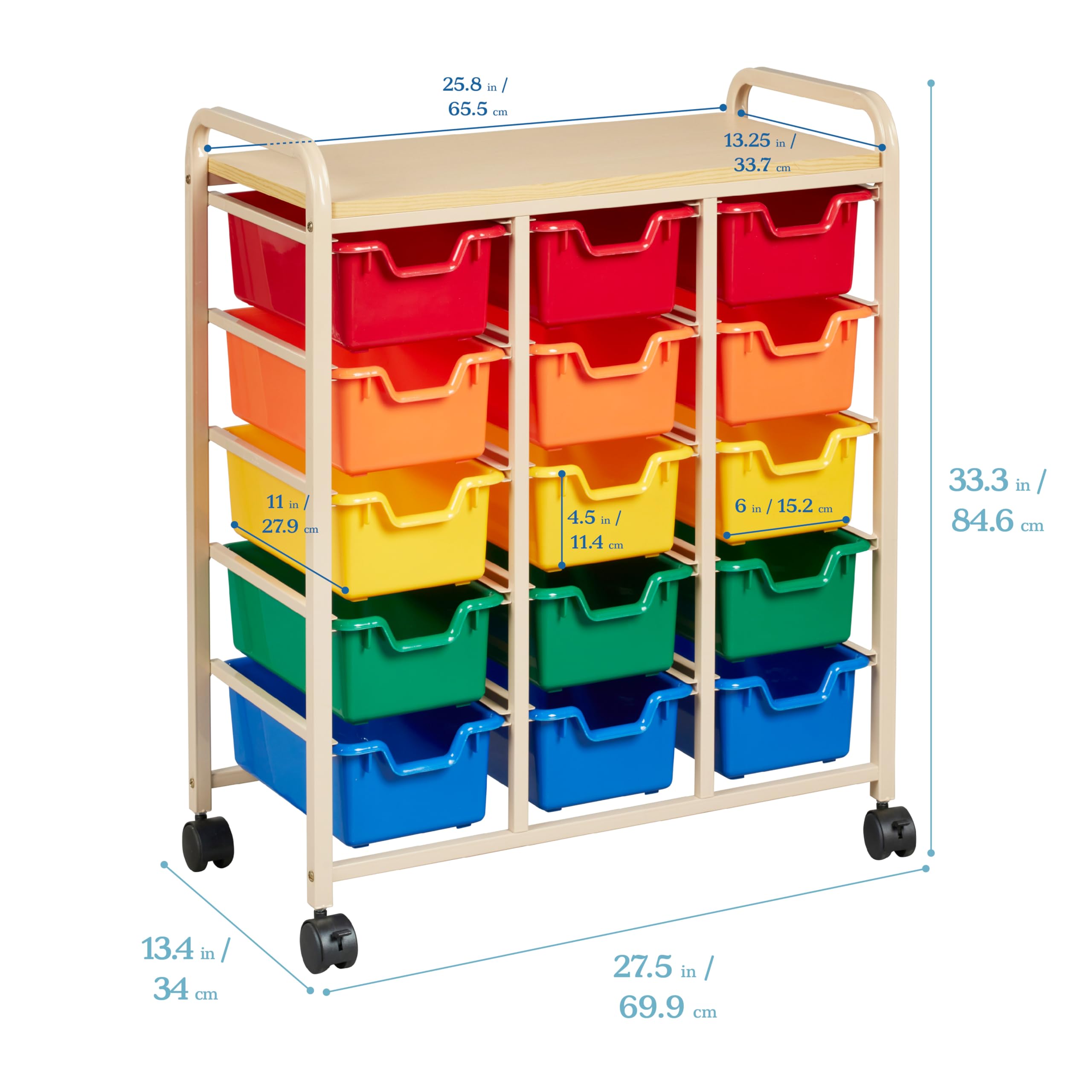 ECR4Kids Mobile Organizer Cart with 15 Storage Bins - Classroom & Home Organization for Toys, Art Supplies, Books | Rolling Storage Unit for Teachers, Kids, Craft Rooms & Playrooms