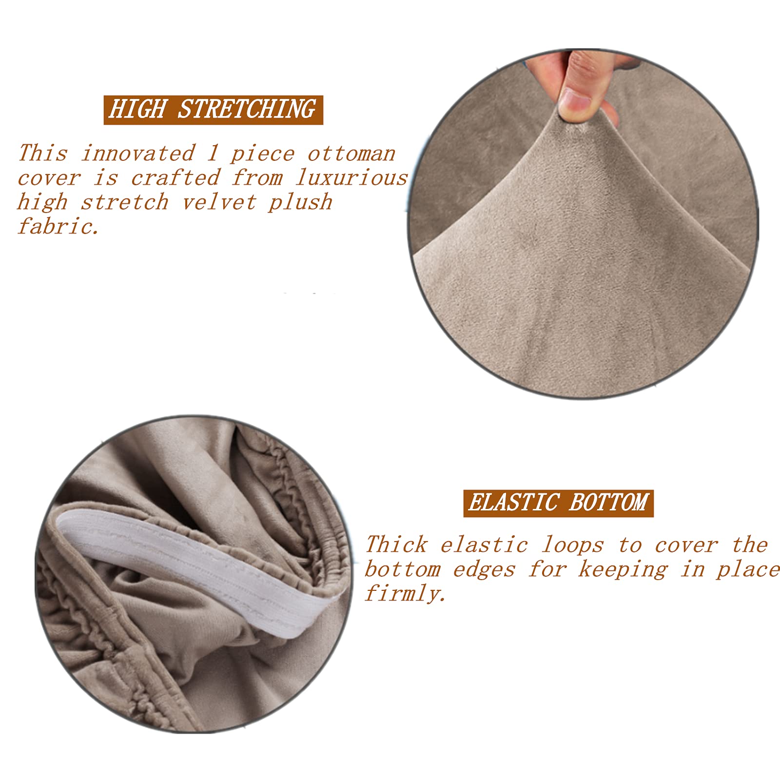 Stretch Velvet Ottoman Slipcover - Square Footstool Cover with Elastic Bottom for Folding Storage Ottoman | Taupe | Perfect for Living Room, Bedroom & Home Decor