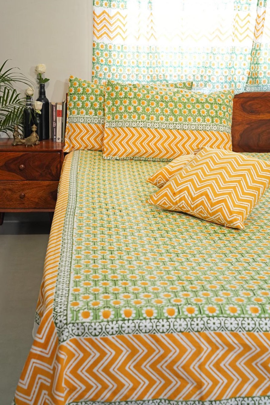 Sunlit Haven Hand Block Printed Cotton Percale Bedsheet Set - 100% Organic Cotton Luxury Bedding for Home & Hotel Use - Perfect for Master Bedroom, Guest Room & Vacation Rental