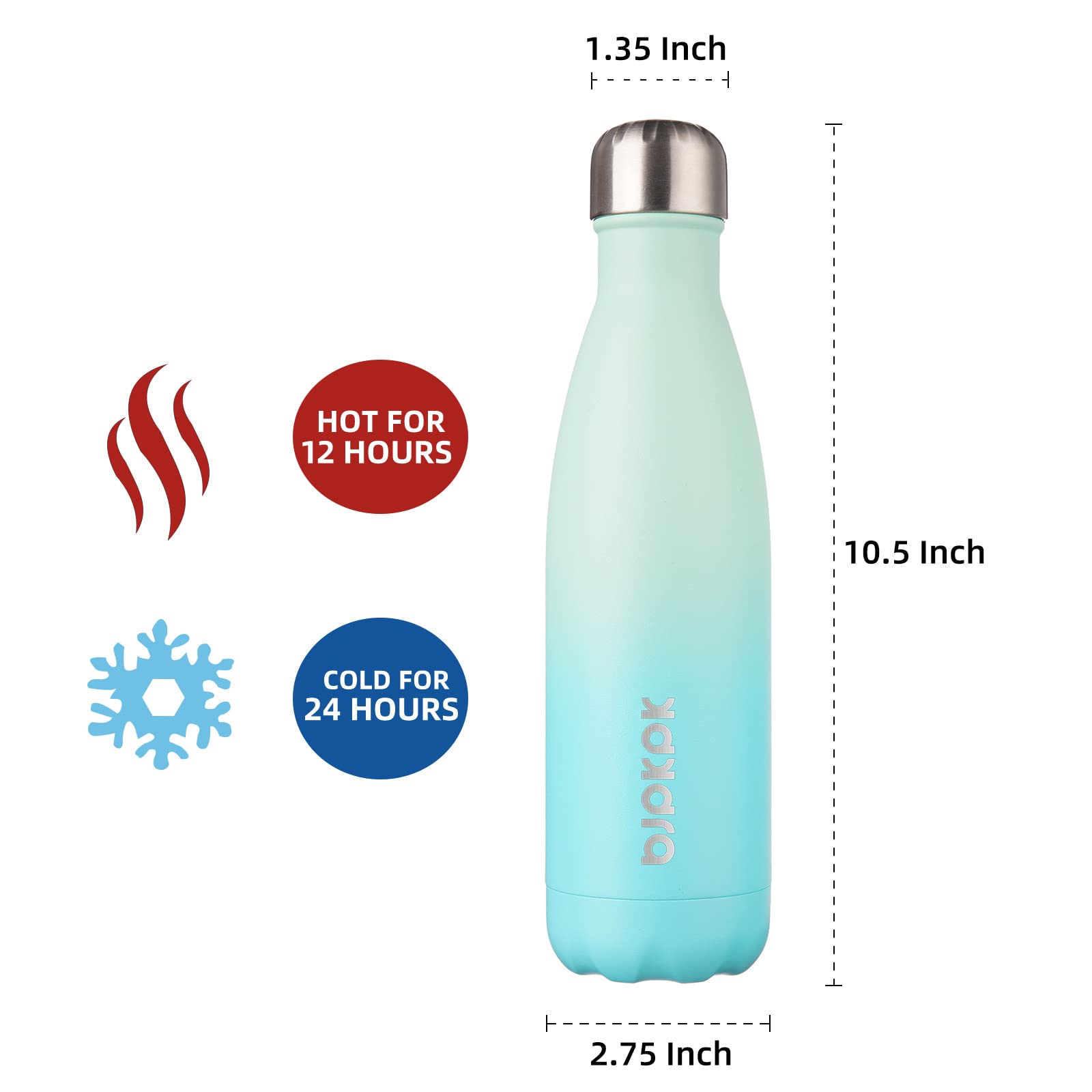 BJPKPK 17oz Insulated Stainless Steel Water Bottle - 24 Hours Cold & 12 Hours Hot Retention, BPA Free, Leak Proof, Perfect for Gym, Hiking, Travel & Outdoor Activities (Mint Green)