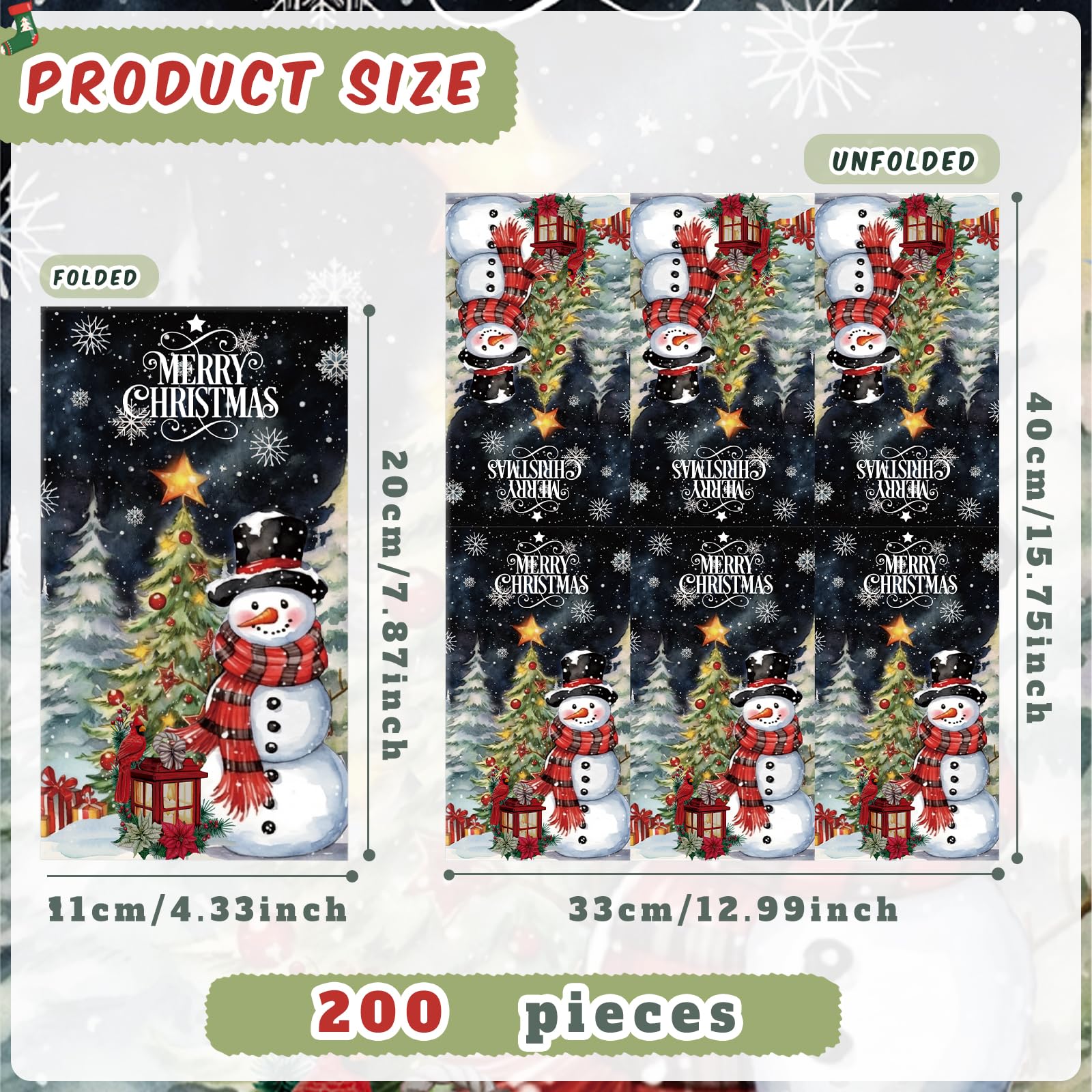 Cholemy 200-Pack Christmas Guest Napkins - 2-Ply Disposable Paper Hand Towels for Holiday Parties, Winter Decorations & Baby Showers - Cute Snowman Design - Perfect for Bathroom, Kitchen & Festive Gatherings