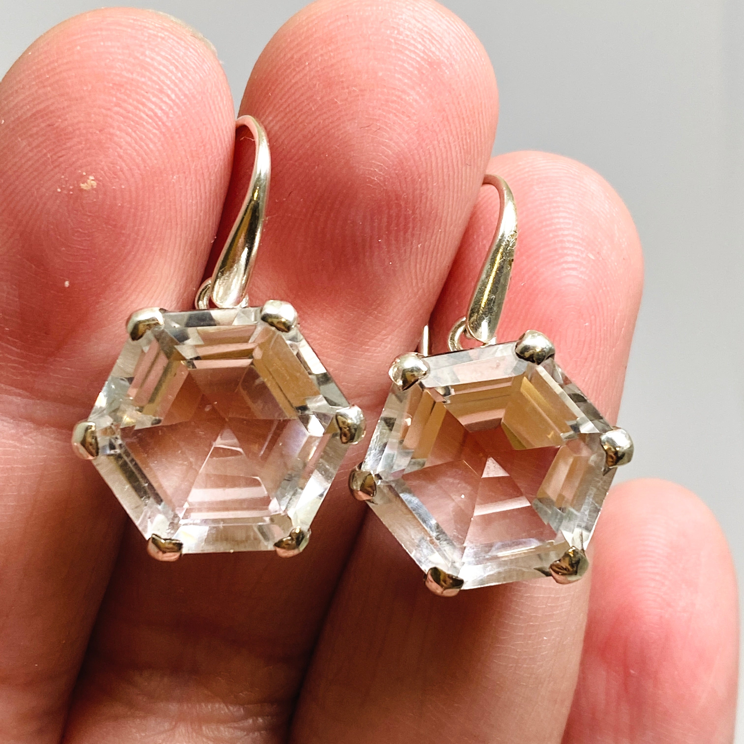 Clear Quartz Hexagon Faceted Earrings for Women - Elegant Geometric Stud Earrings for Everyday Wear, Gift Giving & Special Occasions | PEGJ235