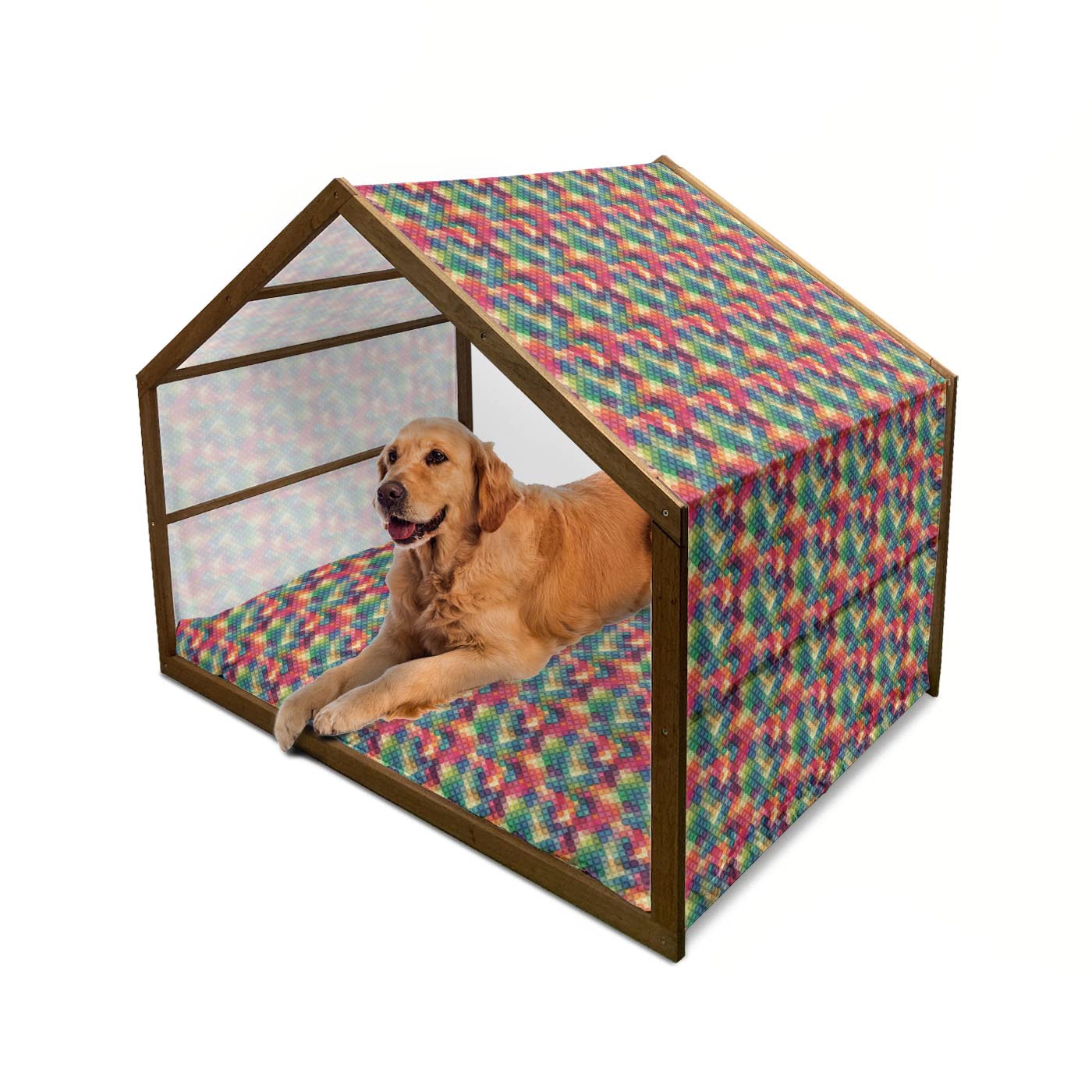 Ambesonne Abstract Wooden Dog House - Colorful Vintage Geometric Mosaic Design with Pillow & Cover - Indoor & Outdoor Portable Pet Kennel for Large Dogs - Perfect for Backyard, Patio, or Living Room Use