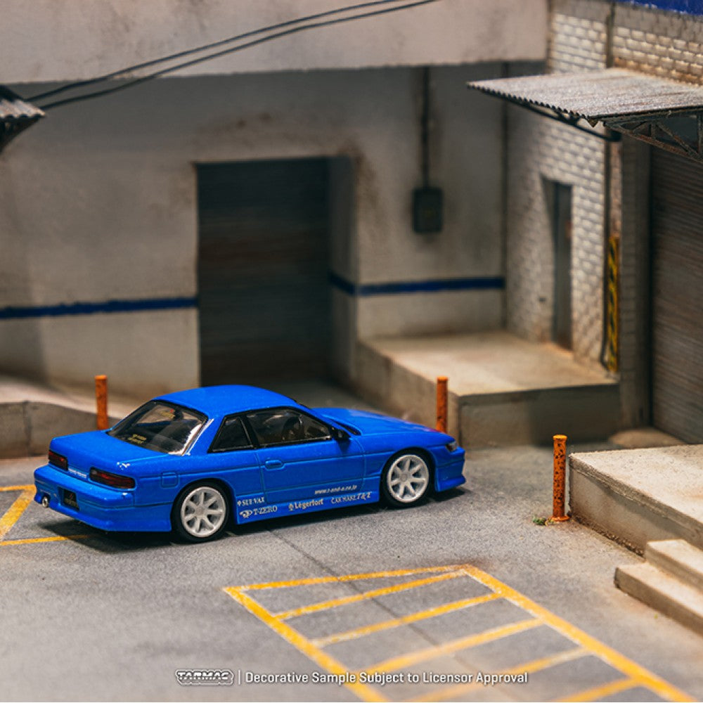 Tarmac Works 1:64 Scale Nissan Silvia S13 Vertex Blue Metallic Diecast Model Car with Toyo Tires - Perfect for Collectors, Display, and Racing Scenes