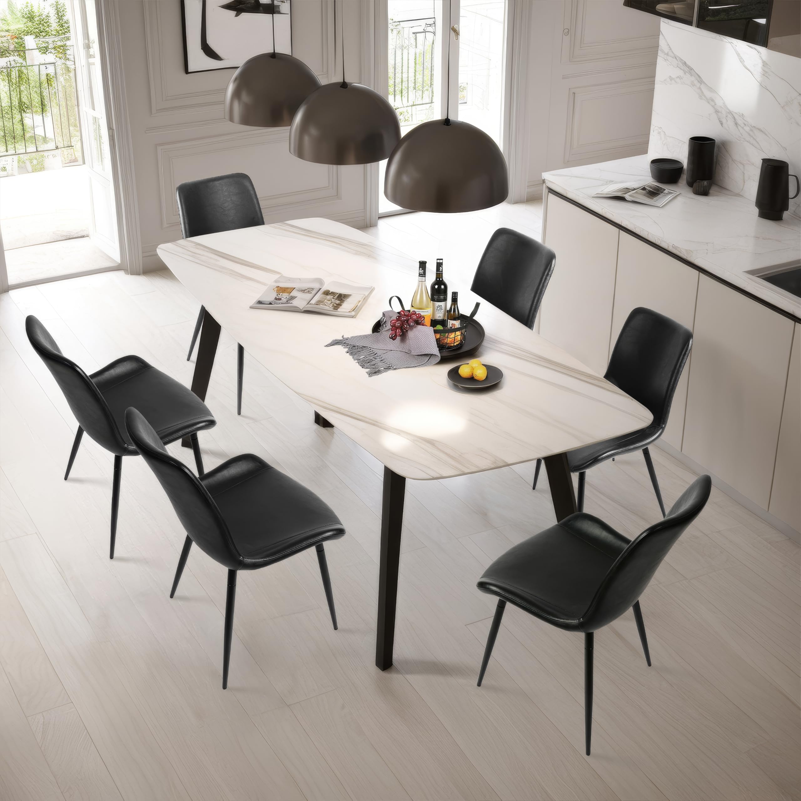 Modern Black Faux Leather Dining Chairs Set of 4 - Armless Upholstered Kitchen Side Chairs with Soft Backrest & Sturdy Metal Legs for Dining Room, Living Room, Office, Restaurant | Comfortable Seating for Family Meals, Entertaining Guests & Home Decor