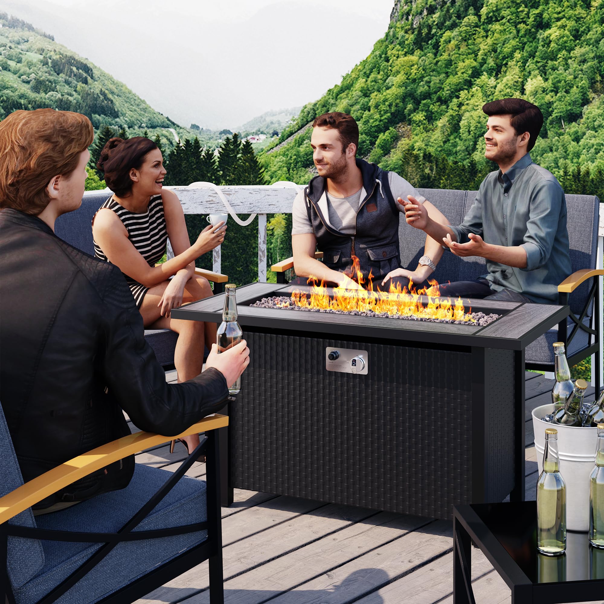 Meilocar 45-inch Propane Fire Pit Table with Red Lava Rocks & Rain Cover - 50,000 BTU 2-in-1 Outdoor Fire Table with Tile Top for Patio, Backyard, Garden, Deck, or Balcony - Perfect for Outdoor Entertaining, Camping, and Relaxation - Gray Tabletop