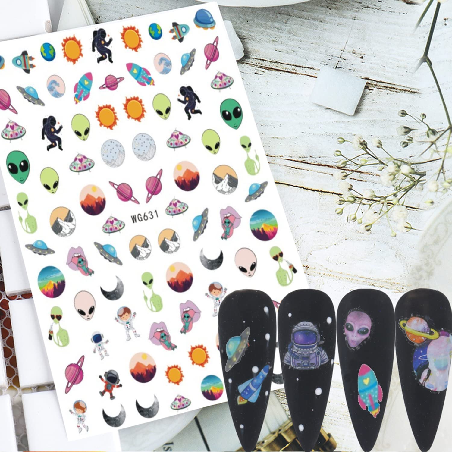 3D Holographic Alien Nail Art Stickers - Astronaut, Earth, Moon, Star, UFO & Rocket Design - Self-Adhesive Nail Decals for Women & Girls - Perfect for Manicure, Party Nails, Halloween Costume & Space-Themed Nail Art Decorations