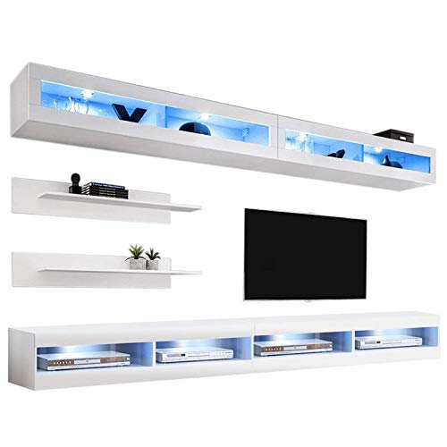 Modern White Wall-Mounted TV Stand with Storage Shelves & LED Lights - 34