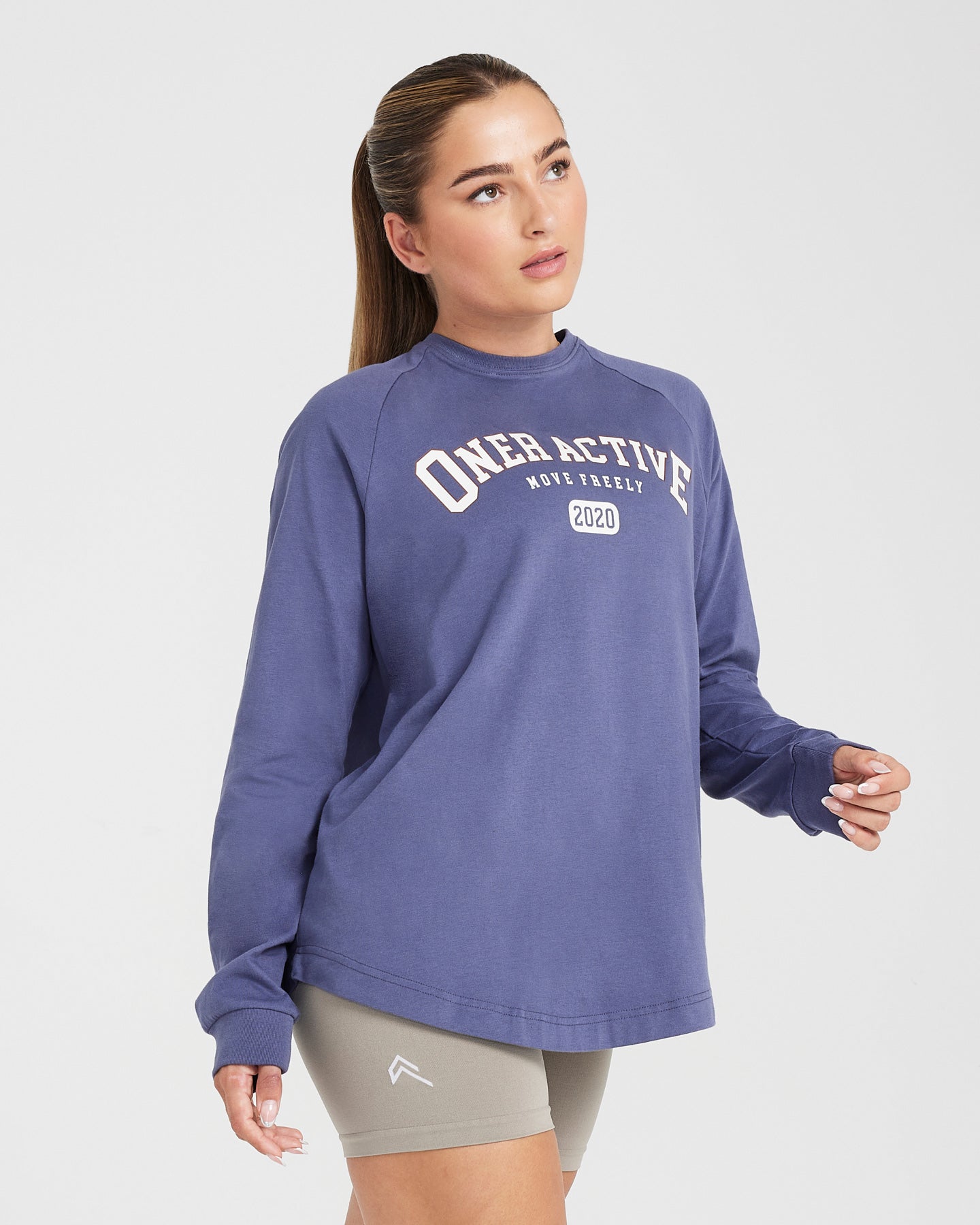 Oversized Long Sleeve Club T-Shirt for Women | Slate Blue Casual Wear | Perfect for Lounge, Streetwear & Everyday Outfits