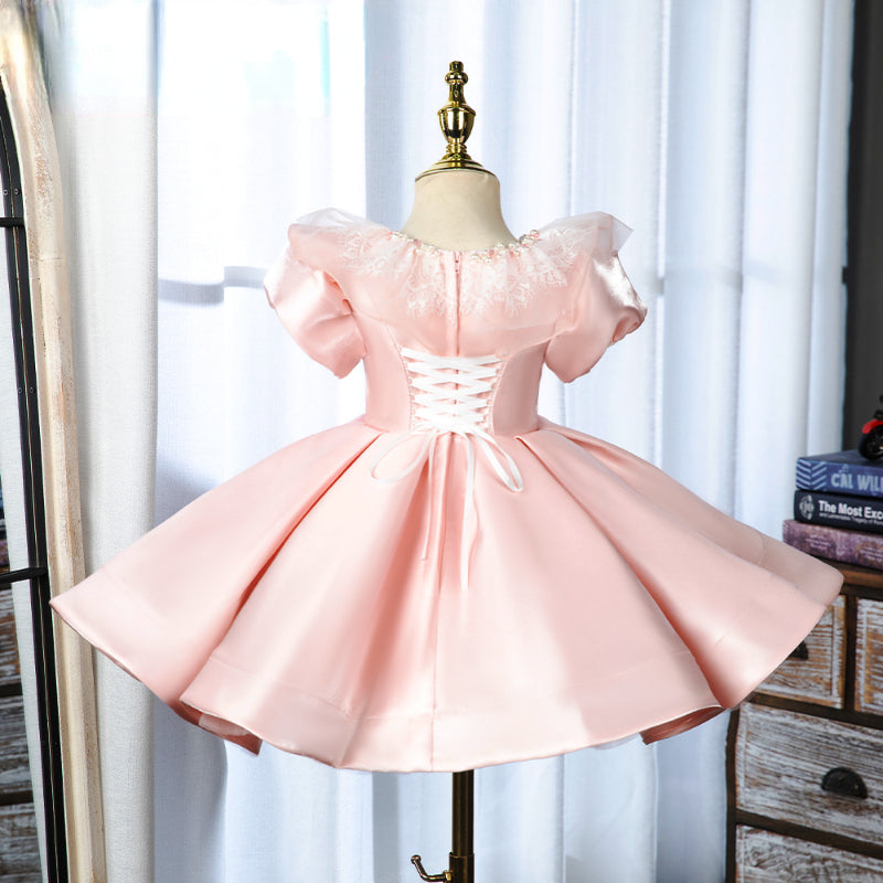 Elegant Pink Puff Sleeve Princess Dress for Baby Girls - First Communion Dress for Toddlers - Perfect for Church Ceremonies, Baptisms, and Special Occasions