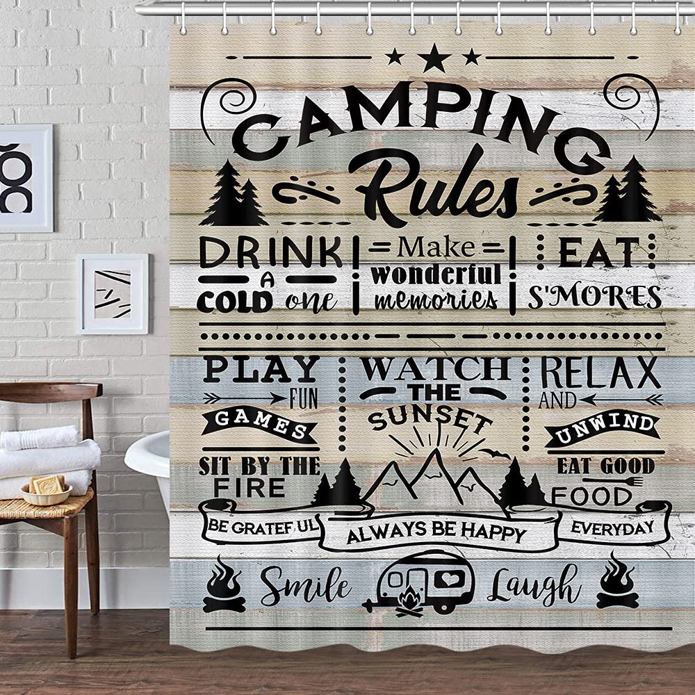 Farmhouse Style RV Shower Curtain Set for Travel Trailers - 72x72 Inch Waterproof Camping Bathroom Curtain with Hooks - Perfect for Outdoor Decor, Camper Van & Tiny House Bathrooms - Rustic Camping Quote Design for Cozy RV Living