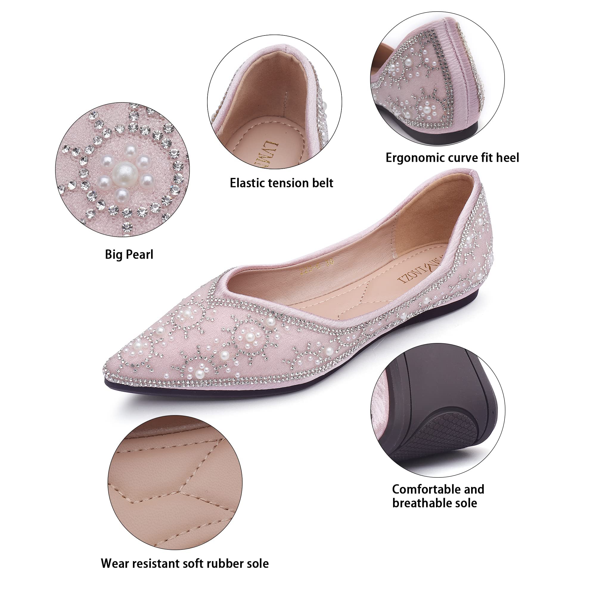 Sparkly Rhinestone Sequin Pointed Toe Flats for Women - Elegant Wedding & Evening Dress Shoes - Comfortable Formal Pumps for Brides, Prom, Cocktail Parties & Special Occasions