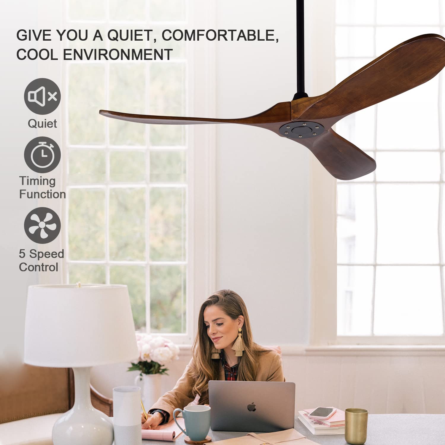 52 Inch BOJUE Wood Ceiling Fan No Light with Remote - 6 Speed Quiet DC Motor, Deep Walnut Blades - Perfect for Living Room, Bedroom, Patio, Porch & Outdoor Spaces