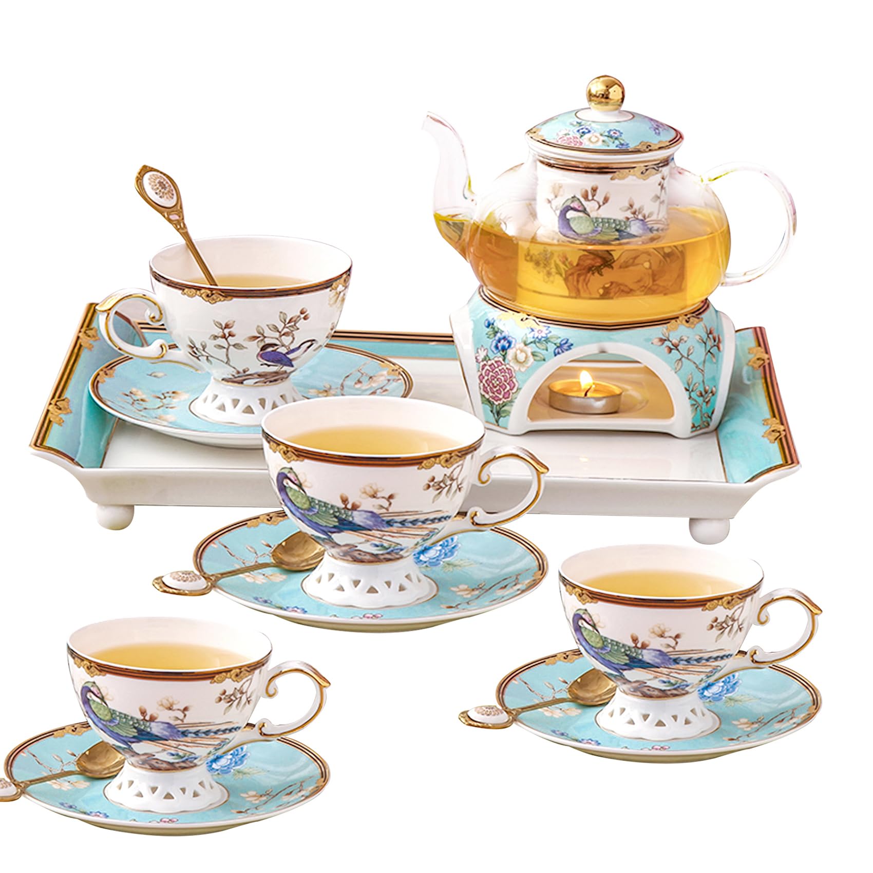 ACMLIFE 14-Piece Blue Floral Bone China Tea Set with Tray - Elegant Glass Teapot & Warmer for Afternoon Tea, Vintage Style Tea Gift Set for Adults, Perfect for Home Decor & Hostess Gifts