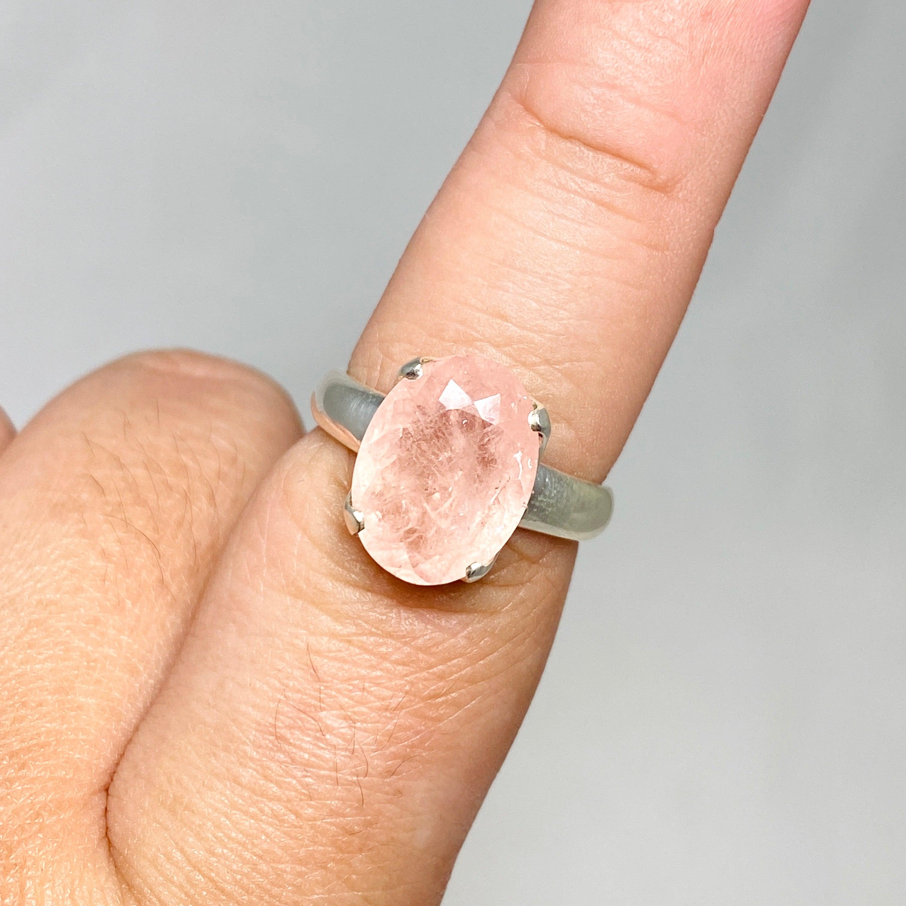 Morganite Faceted Oval Ring - Size 9 Sterling Silver Jewelry for Women, Elegant Engagement & Wedding Gift - PRGJ440