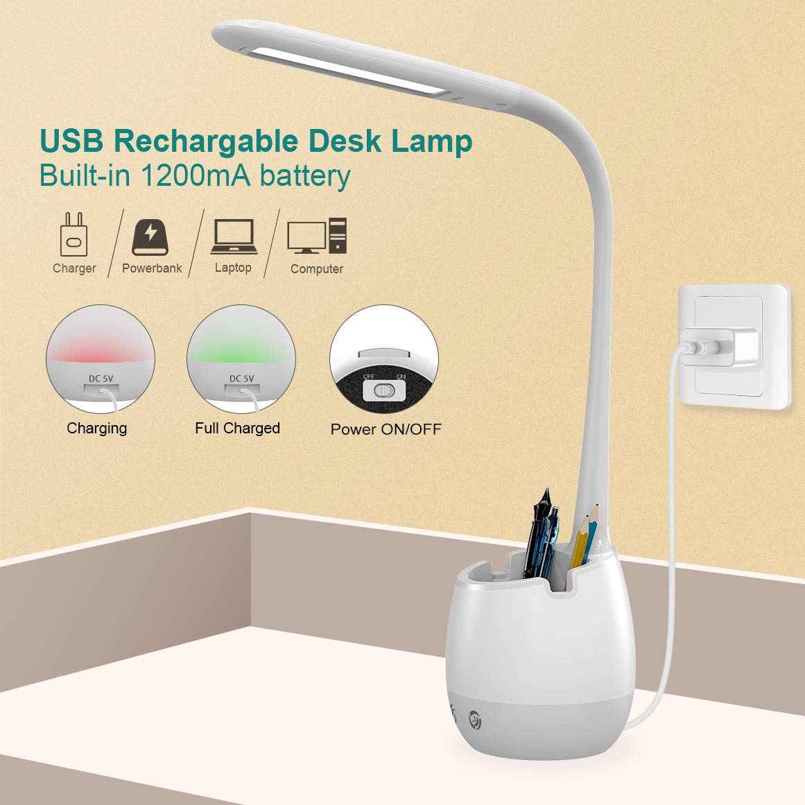 Rechargeable LED Desk Lamp with Pen Holder - Dimmable Flexible Gooseneck Study Light for Home & Office | Eye-Caring Night Light for Kids, Students | Perfect for Reading, Working & Bedside Use (White)