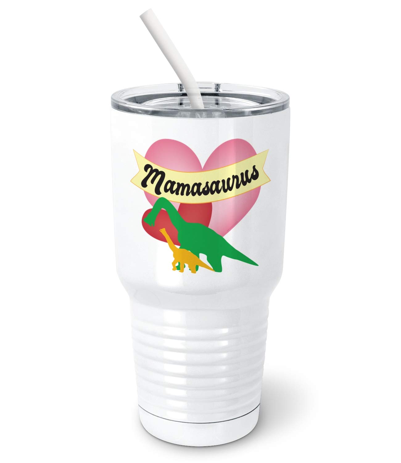 PixiDoodle Mamasaurus Mother's Day Tumbler - 30oz Insulated Stainless Steel Cup with Spill-Proof Sliding Lid & Silicone Straw - Perfect for Coffee, Tea & Cold Drinks - Great Gift for Mom (White)