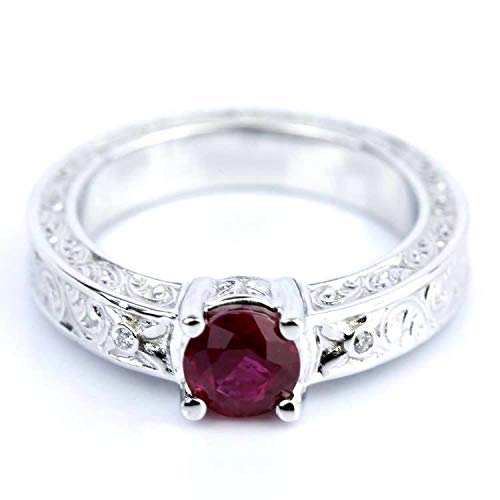 0.90 Carat Ruby Color Stone Solitaire Ring - Engraved Design in 950 Platinum Plated Silver | Valentine's Gift, Anniversary Present, Engagement Jewelry for Women