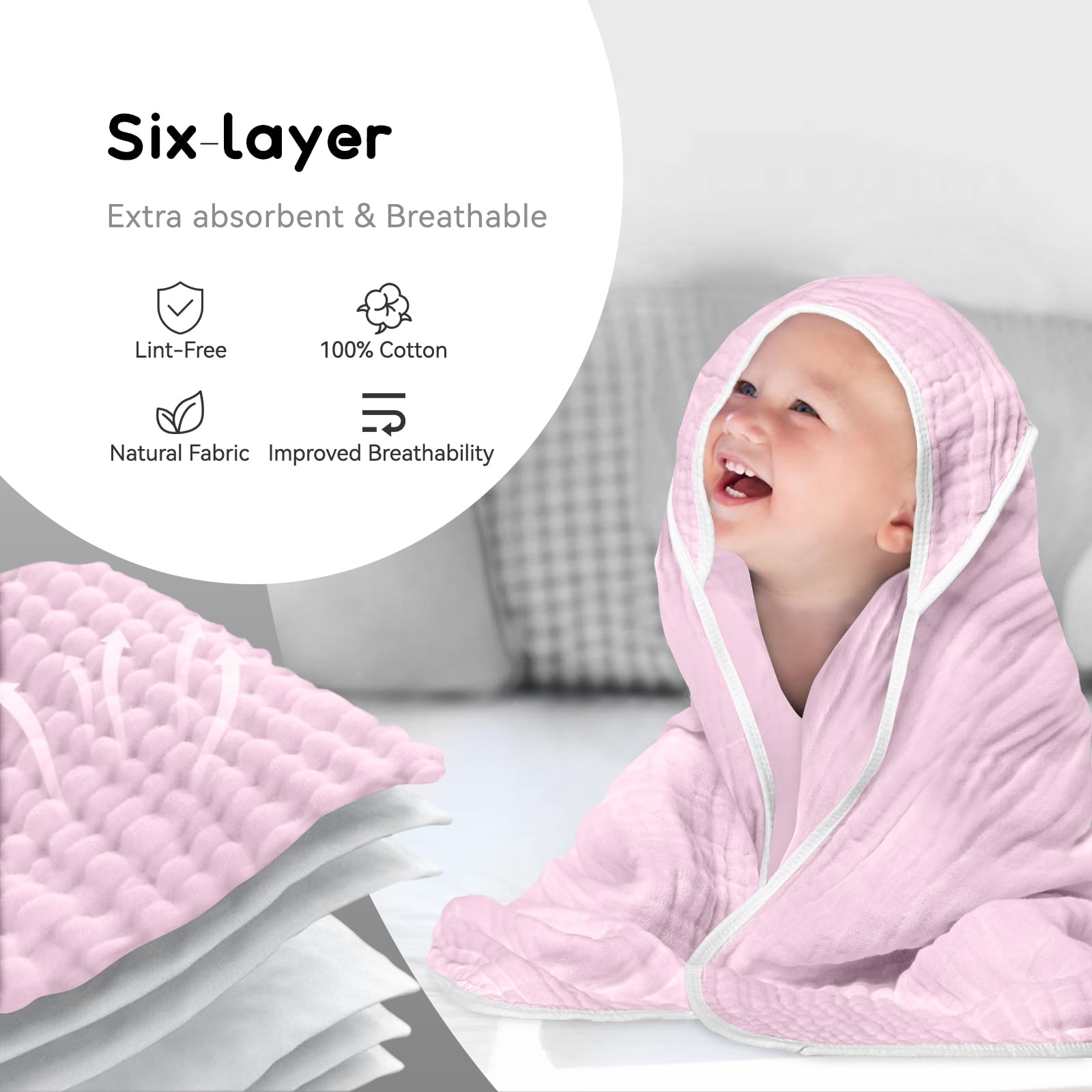 Soft & Absorbent Muslin Baby Hooded Towel for Newborns, Infants & Toddlers - Pink 1 Pack | Gentle Bath Time & Post-Swim Wrap for Baby Girls | Perfect Baby Shower Gift & Nursery Essential