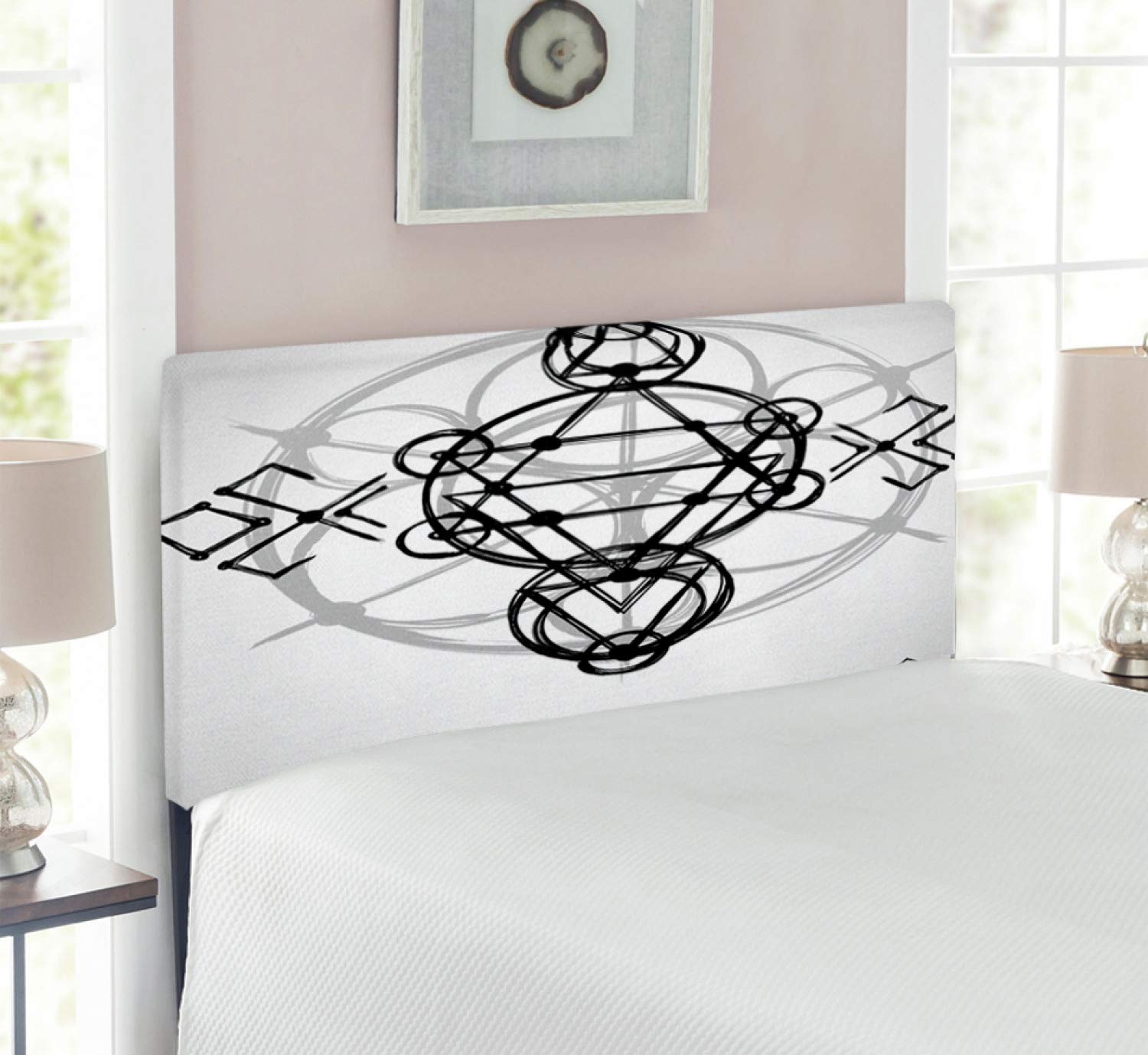 Ambesonne Geometric Headboard with Vortex Motion & Spheres Print - Upholstered Metal Bed Headboard with Memory Foam - Twin Size in Black Grey White - Perfect for Modern Bedrooms & Guest Rooms