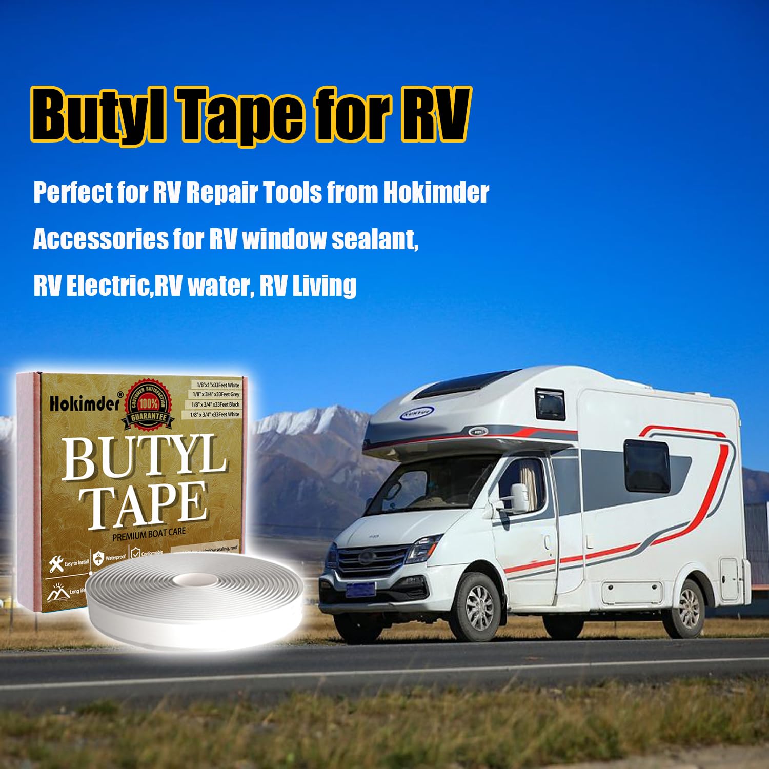 4 Packs Butyl Tape Bulk - 3/4 Inch x 33 Ft White Butyl Sealant Tape for RV Windows, Roof & EPDM Rubber - Waterproof Butyl Rubber Caulk Tape with Tools Included - Perfect for RV Repairs, Roof Sealing & Waterproofing Projects
