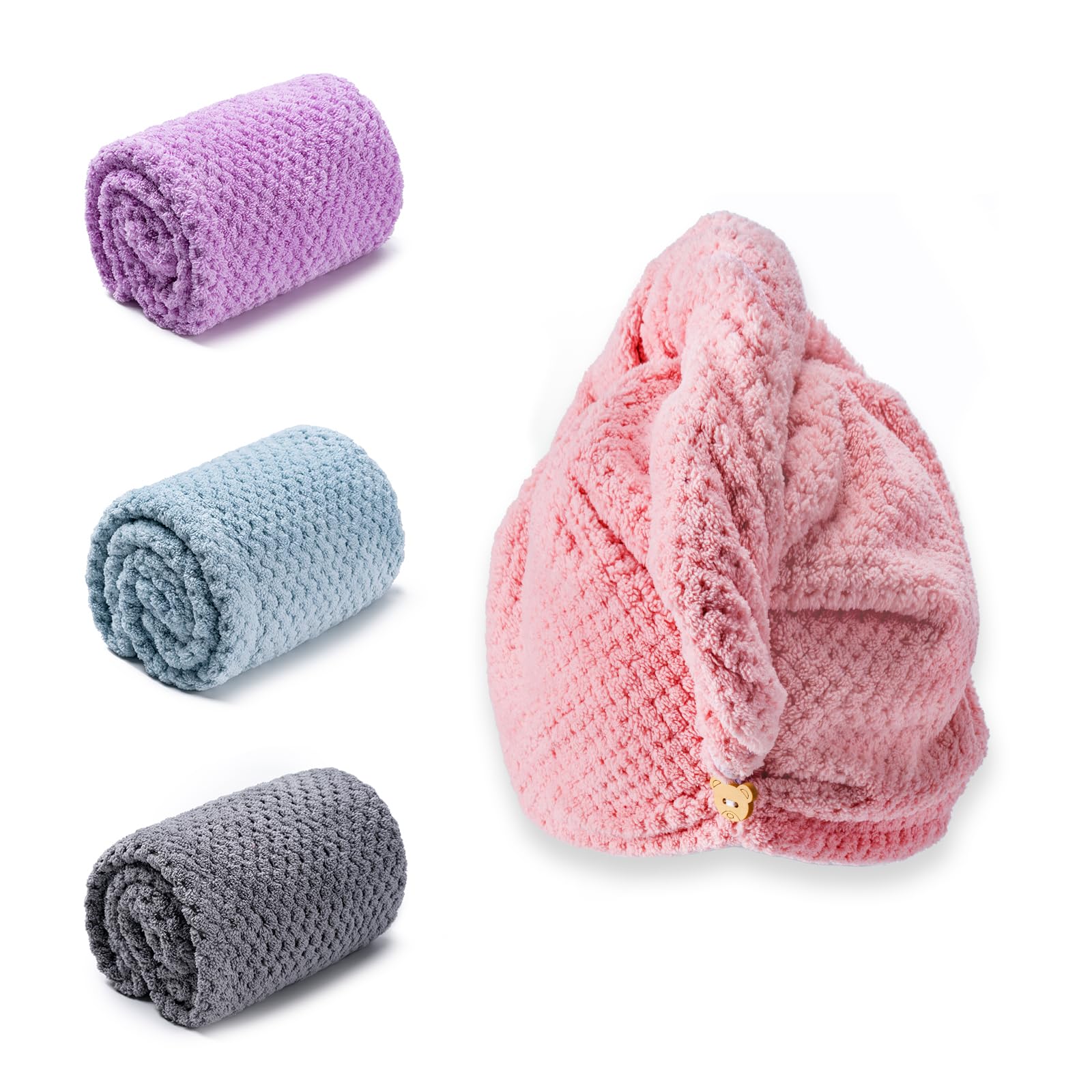**4 Pack Hair Towel Wrap for Women - 9.8 x 25.6 Inch Microfiber Hair Turban for Wet & Curly Hair - Quick Dry Hair Towel Wrap for Long Hair - Perfect for Shower, Spa & Salon Use**