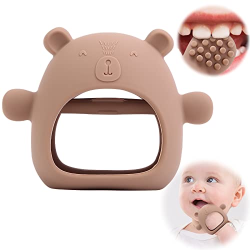 QANGCE Food Grade Silicone Teething Toys for Babies 0-6 Months, Anti-Drop Baby Chew Toys with Massage Granules to Relieve Teething Discomfort, Pacifiers for Babies (Mud Brown) - Perfect for Home, Travel, and Daycare Use
