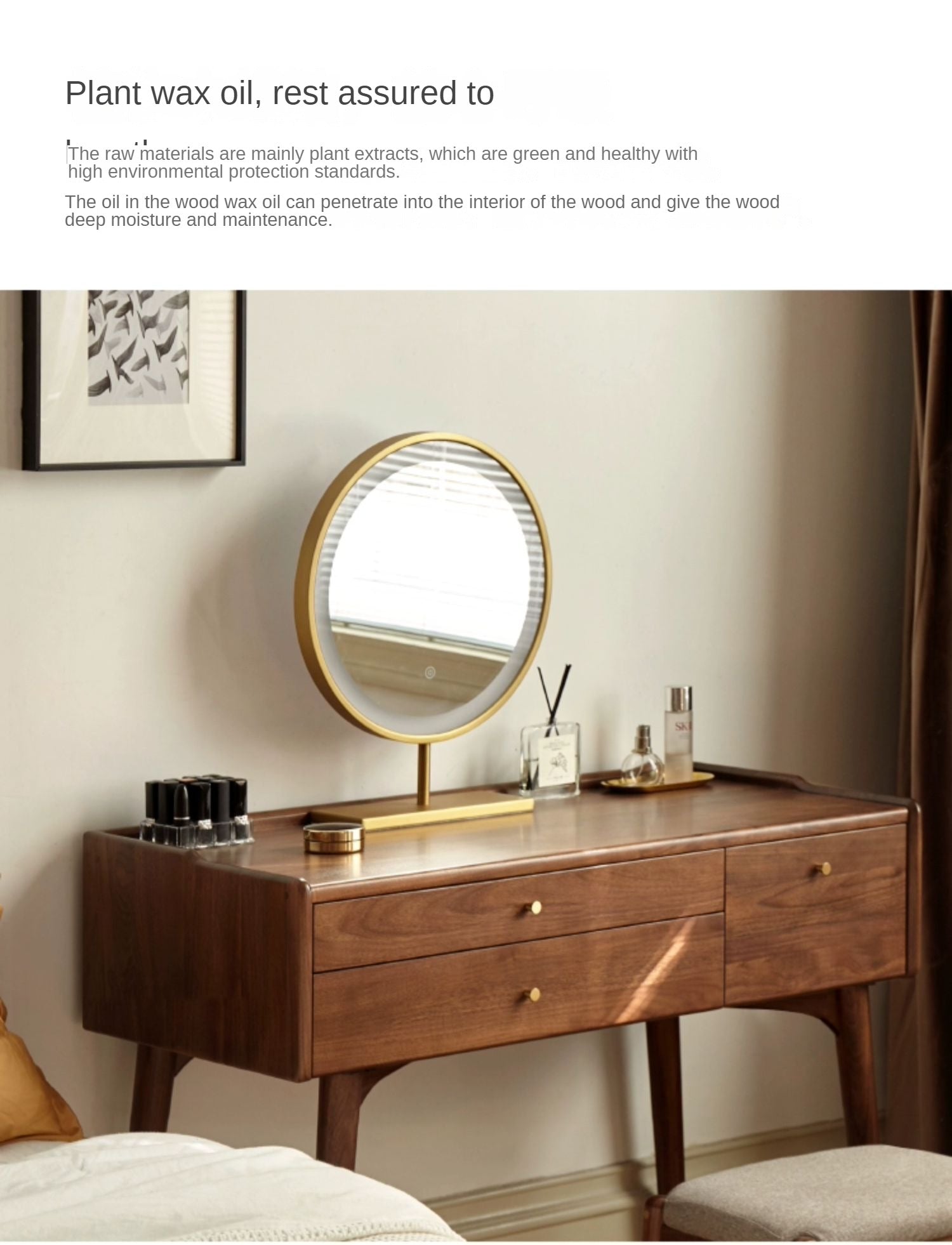 Premium Black Walnut & Ash Solid Wood Dressing Table - Elegant Vanity Desk with Mirror for Bedroom, Bathroom & Makeup Area | Natural Wood Finish, Spacious Storage & Durable Construction