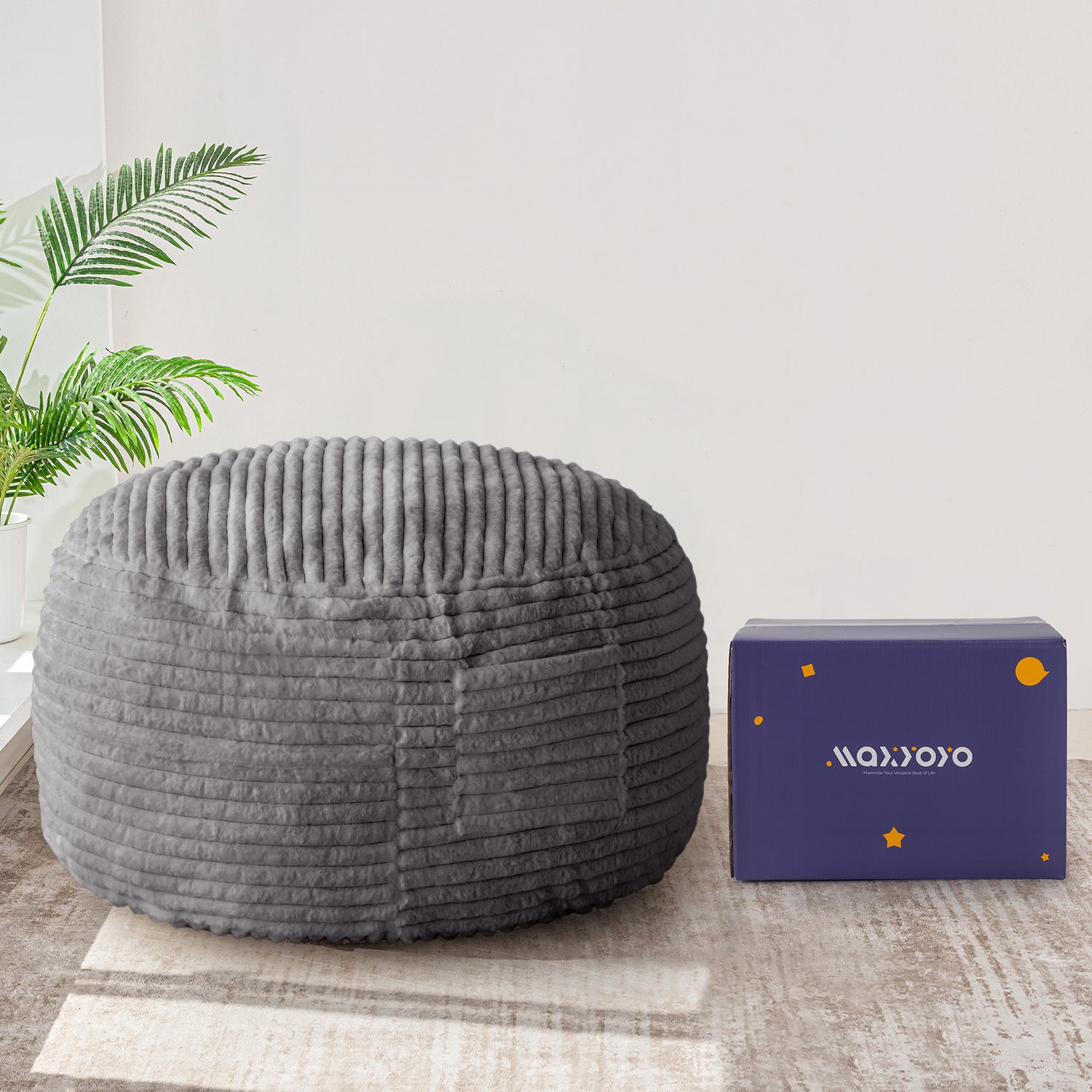 MAXYOYO Giant Bean Bag Chair Bed - Extra Large Striped Faux Fur Beanbag for Adults & Teens, Grey - Perfect for Living Room, Bedroom, Game Room & Dorm Relaxation