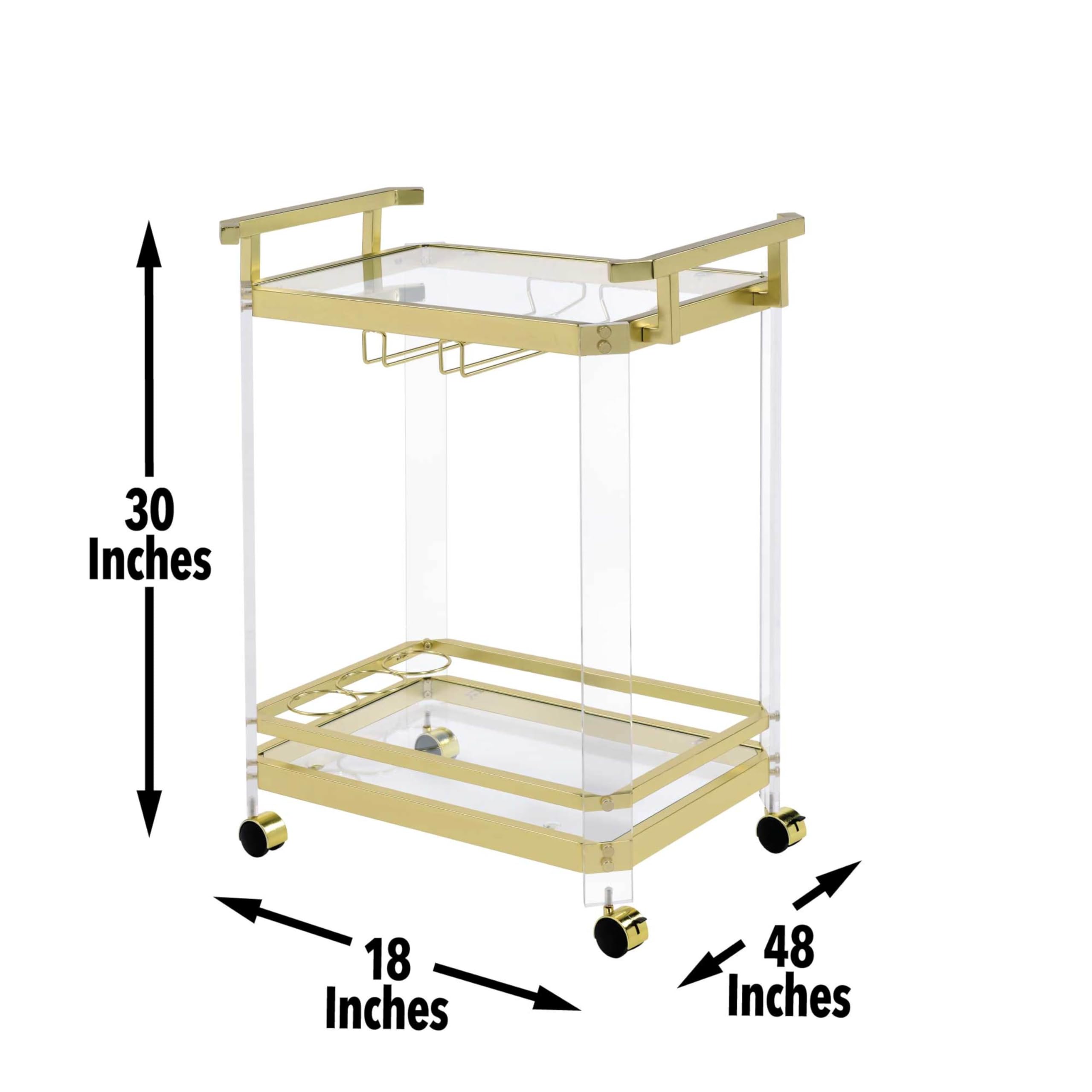 Steve Silver Aerin Acrylic & Tempered Glass Server Cart with Gold Chrome Finish - 3-Wine Bottle Storage, Stemware & Bottle Holder - Elegant Bar Cart for Dining Room, Home Bar or Kitchen (17