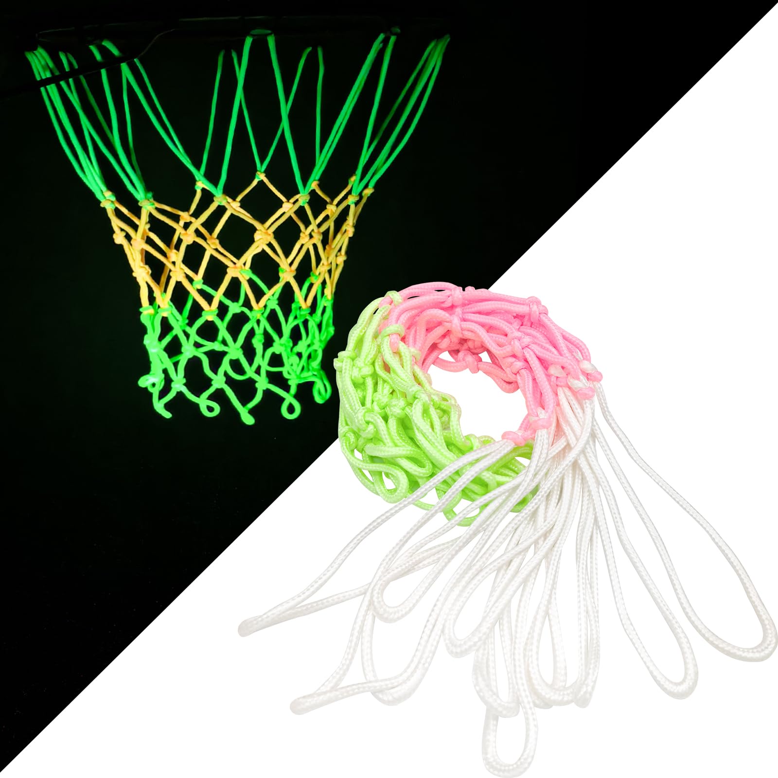 2-Pack Glow in The Dark Basketball Nets - Pink Replacement Basketball Hoop Nets with 12 Loops, Standard Size for Indoor & Outdoor Use - Perfect for Night Games, Driveway Practice, and Backyard Fun