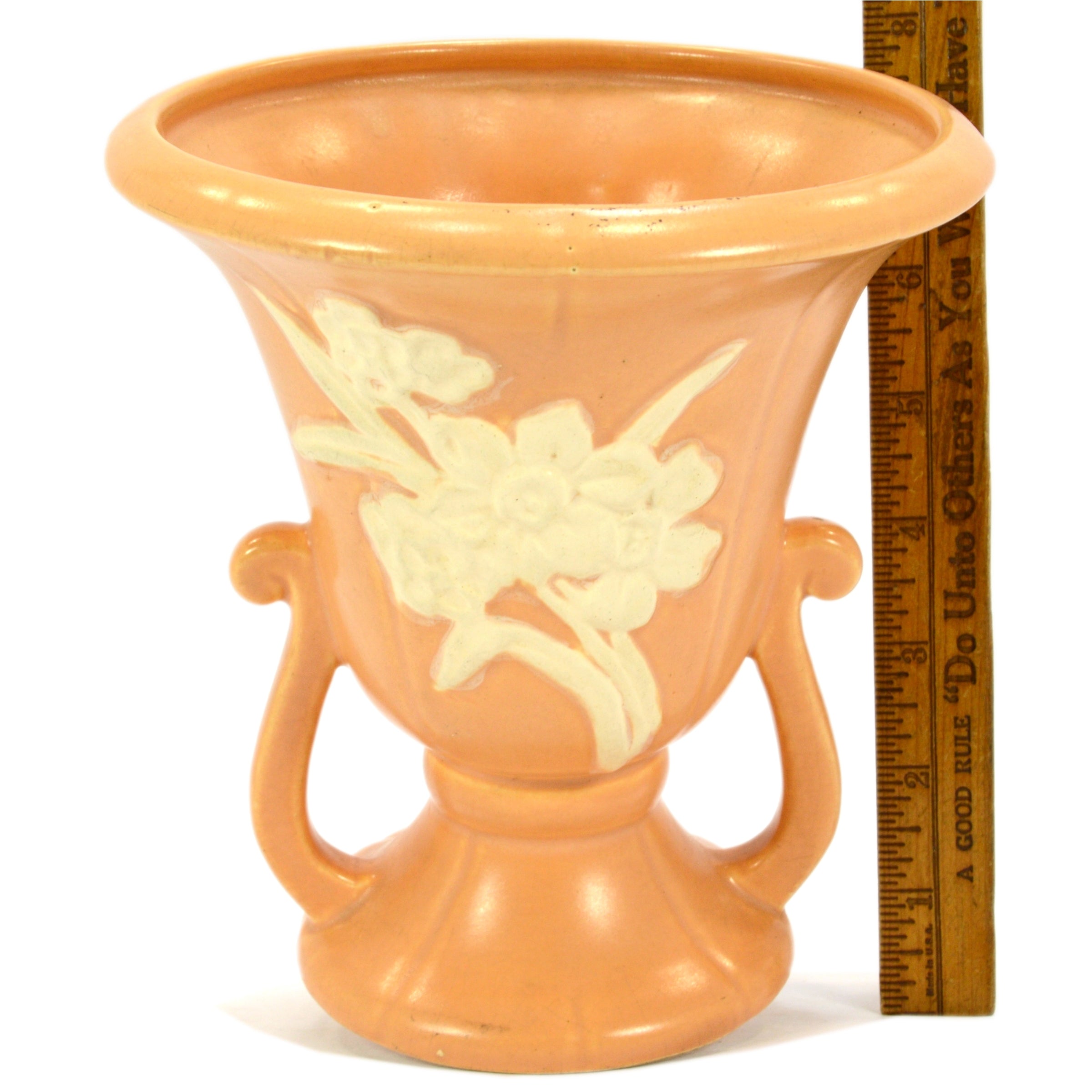Antique Weller Pottery Cameo Urn Vase - 7 Inch Double Handled Salmon with White Floral Design - Perfect for Home Decor, Vintage Collectibles & Gift Giving
