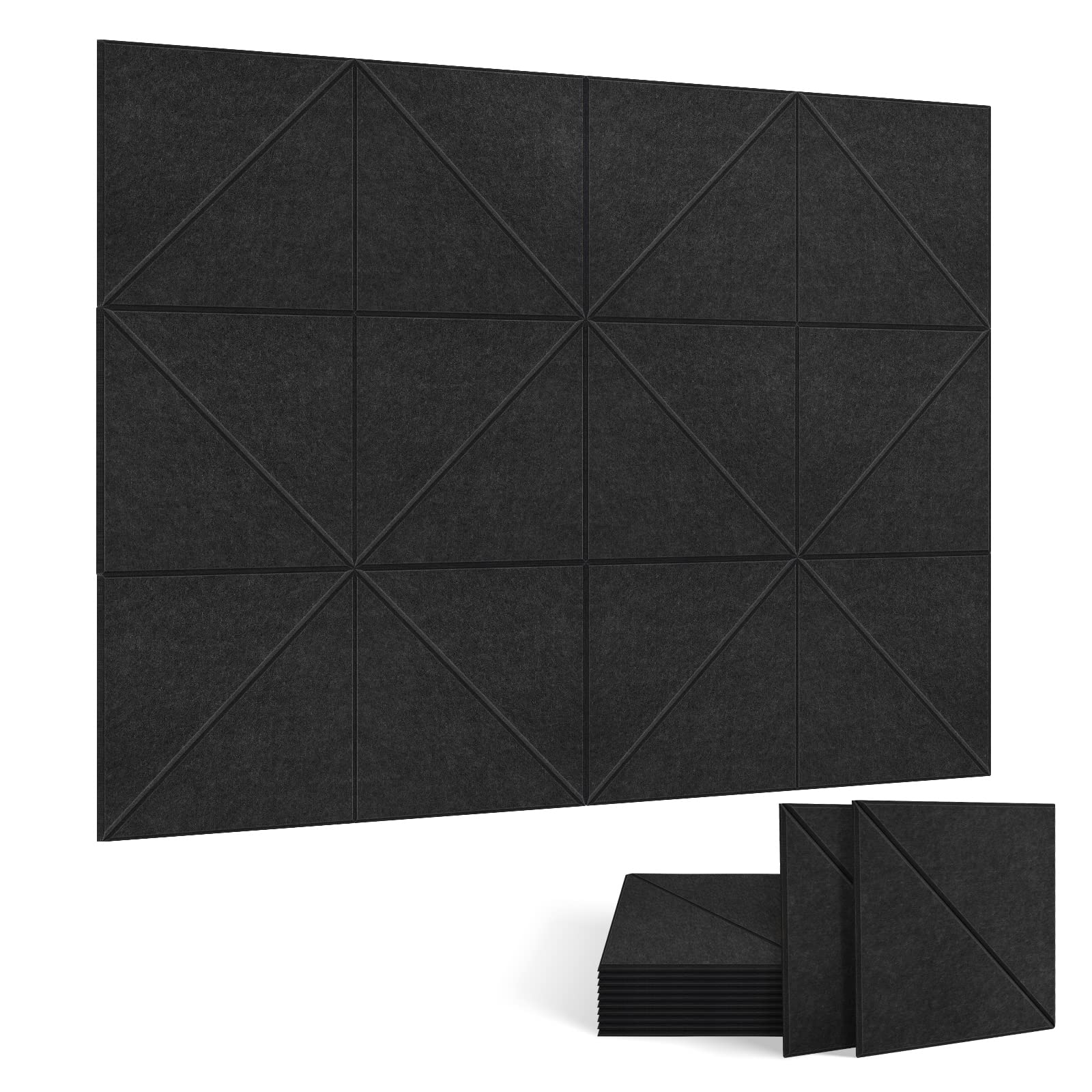 UMIACOUSTICS 12 Pack Acoustic Panels - 12x12 Inch Diagonal Slot Soundproof Foam Panels for Home Studio, Office & Music Room - Noise Reduction & Echo Control (Black)