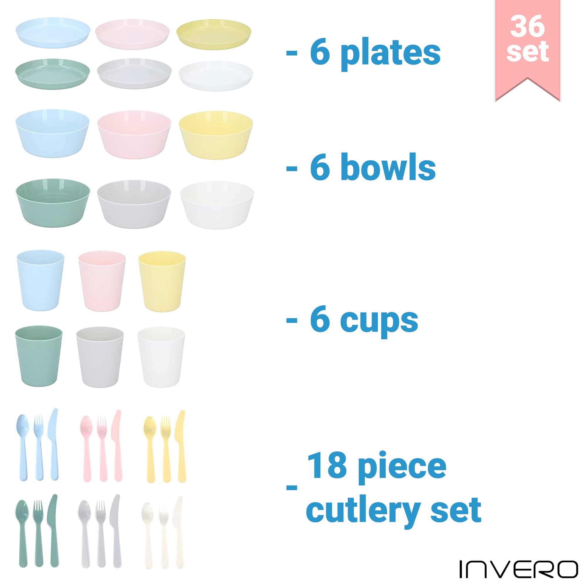 Invero 36-Piece Kids' Colorful Unbreakable Plastic Tableware Set - Bowls, Plates, Cups & Cutlery | Durable, Reusable & BPA-Free | Perfect for Family Meals, Birthday Parties, Picnics, Camping & Travel