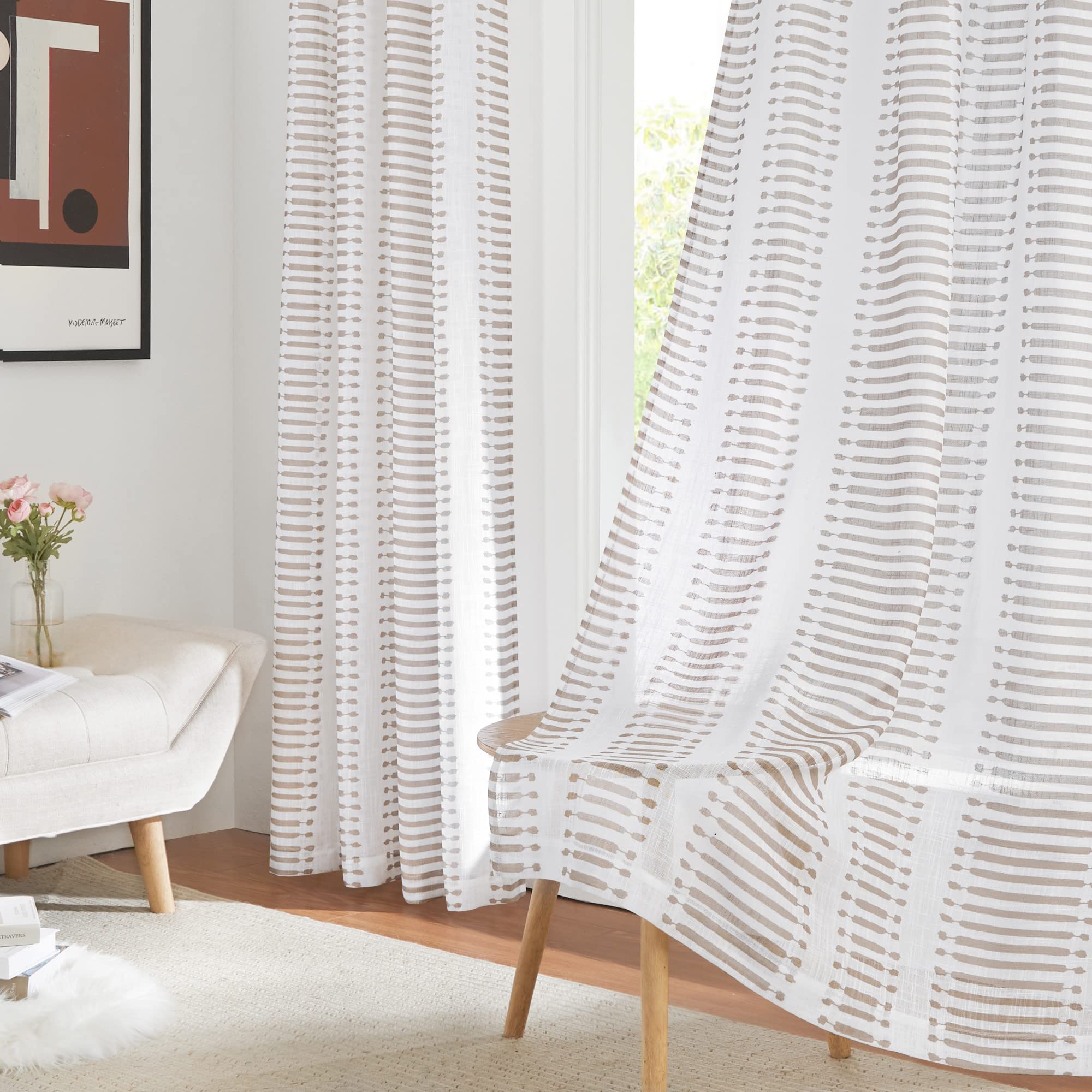 PONY DANCE Semi-Transparent Voile Bathroom Curtains - Linen Look Striped Design with Grommet Top, 50