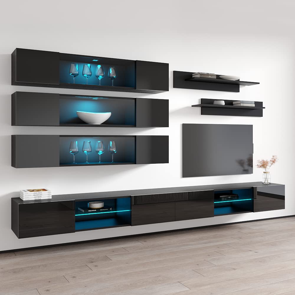 Modern Floating TV Stand with Storage & LED Lights - Wall-Mounted Entertainment Center for Living Room & Bedroom - Black J3 33TV Console with Shelves - Perfect for Small Spaces & Home Theater Setup
